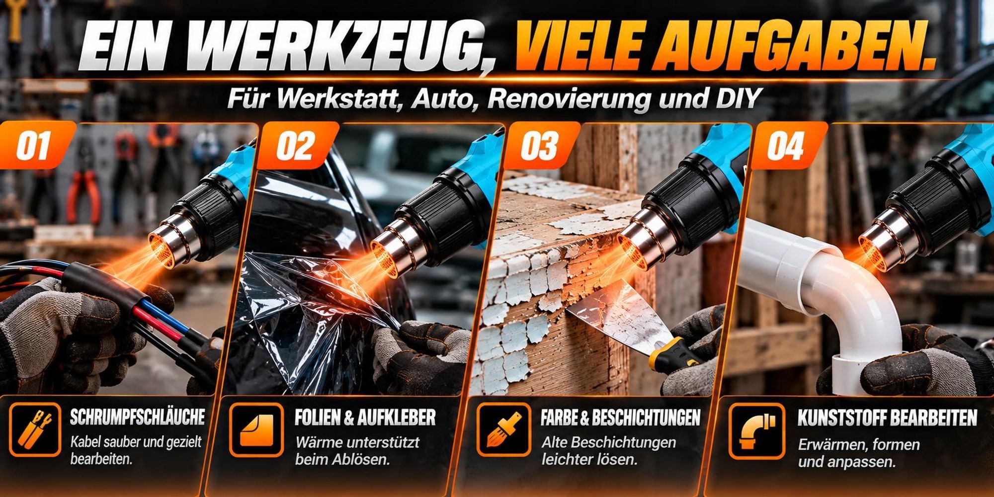 Akku Heißluftpistole 21V 2000W mit 2×4,0Ah Akku, Heißluftgebläse 300/550°C, 250/500 L/min, 2 Stufen, 3 Düsen & Koffer