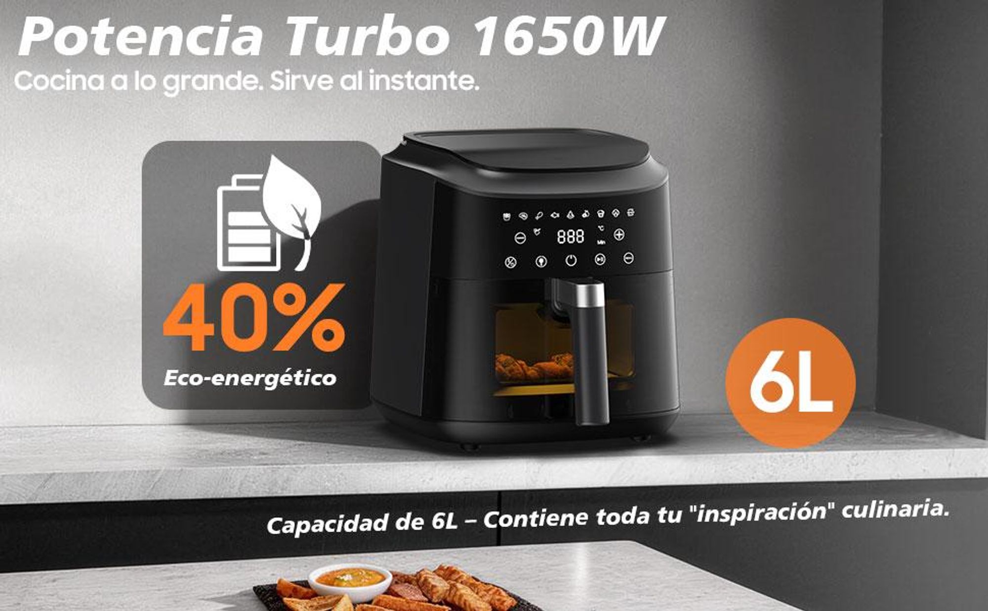Freidora de aire 6L con ventana de visualización, freidora sin aceite, 9 programas con pantalla táctil, circulación de aire caliente 360°