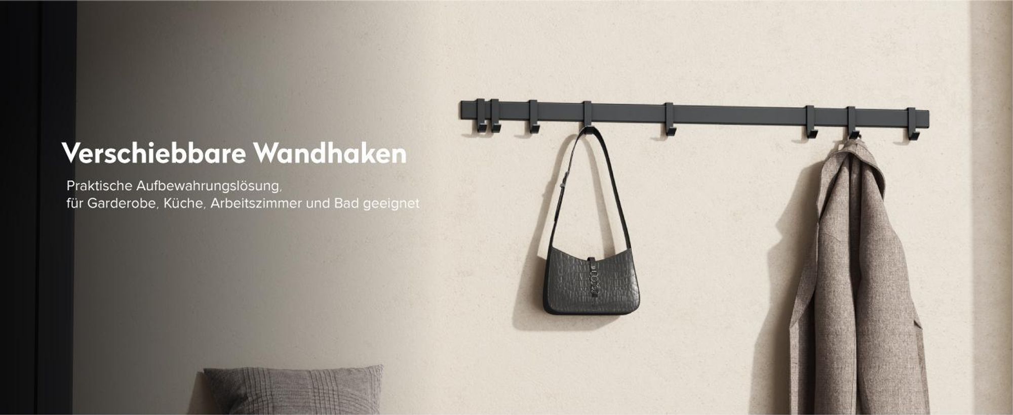 doporro Wandgarderobe aus Aluminium mit verschiebbaren Garderobenhaken, Garderobenleiste mit Kleiderhaken für Flur, Bad, 40 cm, Matt Schwarz, Stalo10
