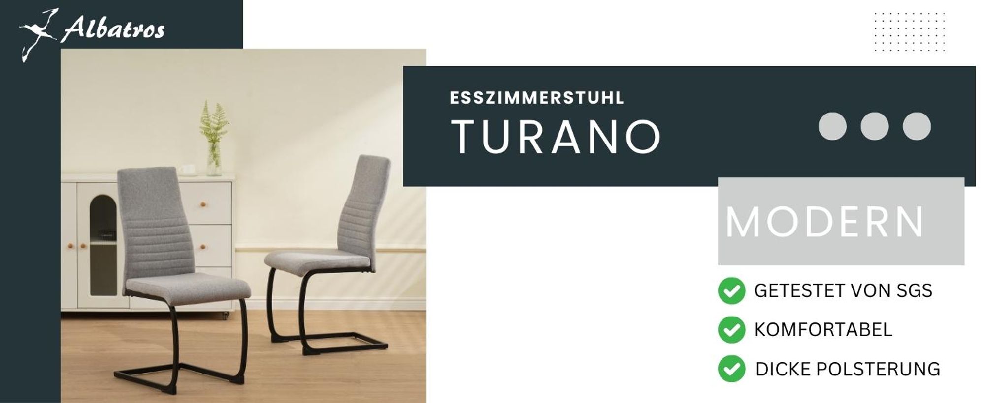 ALBATROS Freischwinger Stuhl TURANO 4er Set, Grau - Esszimmerstuhl Schwingstuhl mit Modernem Design, Stoff-Bezug, Dicke Polsterung - Küchenstuhl, Polster-Stuhl Esszimmer, Esstisch Stuhl