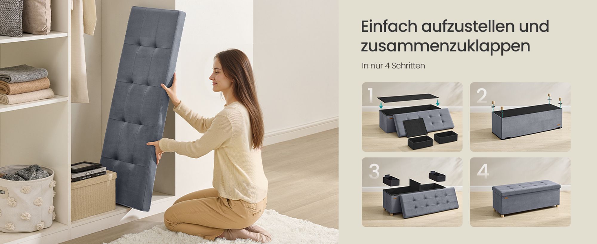 SONGMICS Sitzbank mit Stauraum, Hocker faltbar, 38 x 110 x 40 cm, Aufbewahrungsbox mit Deckel, Fußhocker 112 L, Samt, bis 300 kg belastbar