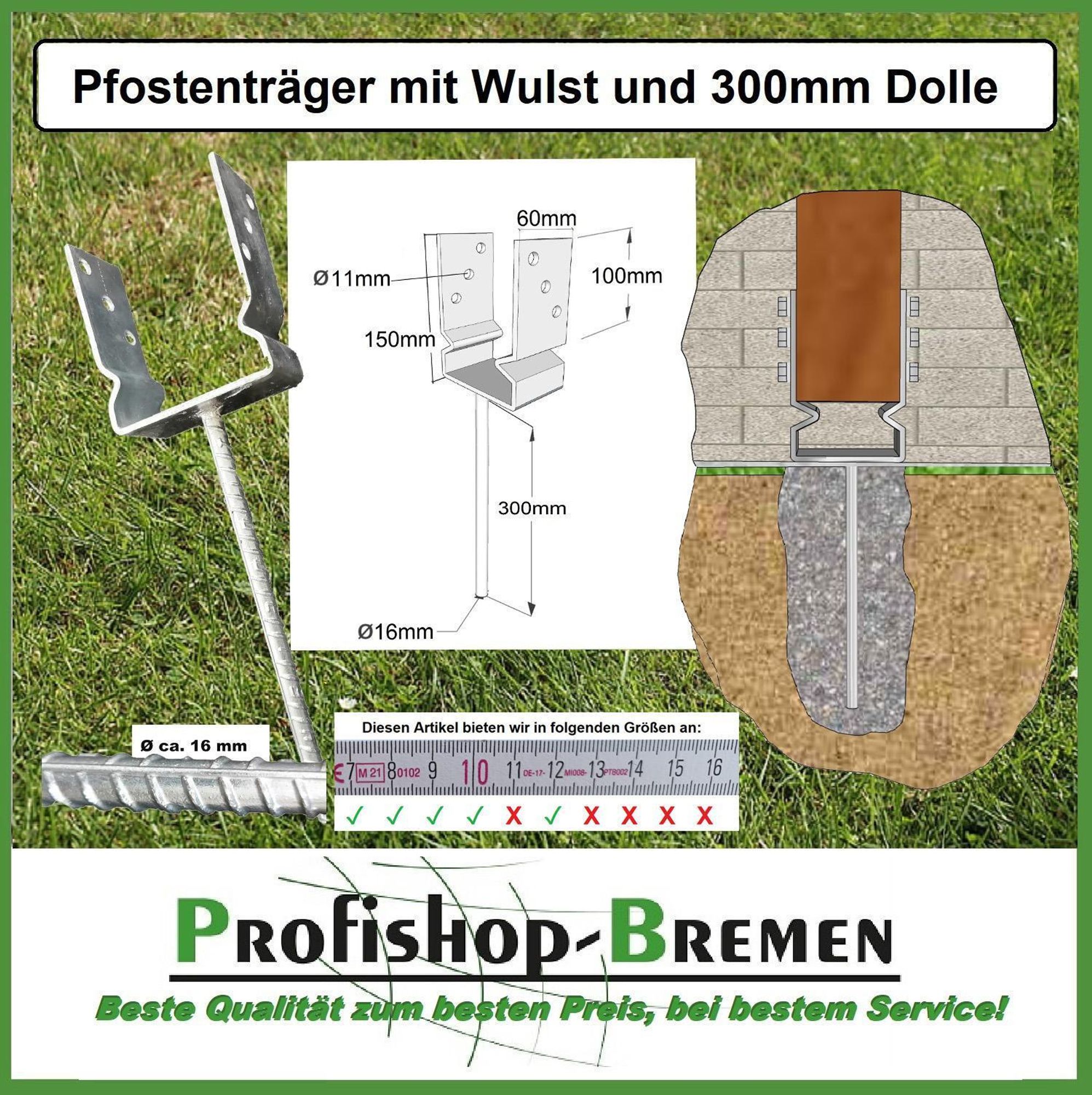 U-Pfostenträger Gabelweite 81 mm mit Wulst zum Einbetonieren, Riffeldolle 300 mm feuerverzinkt, Gesamtlänge 450 mm Lagerräumung
