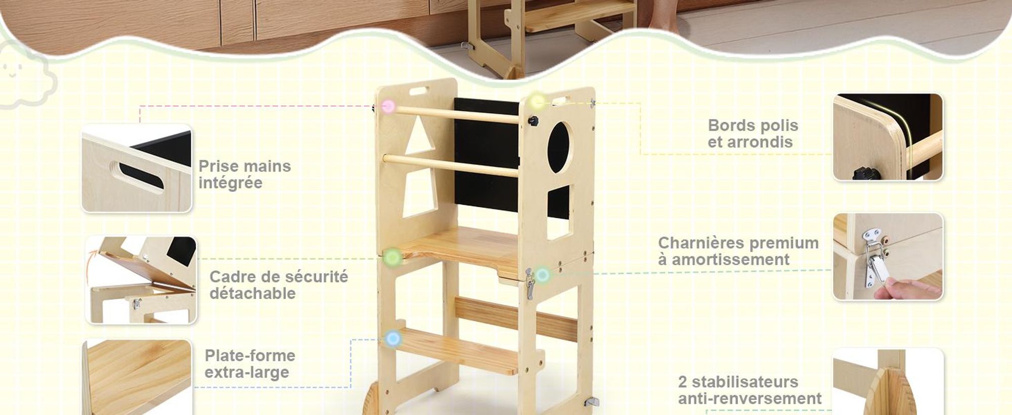 FCH Lernturm Für Kinder, Montessori Lernturm,  45 × 35 × 88cm, Fichtenholz + Mehrschichtplatte, Holzfarbe