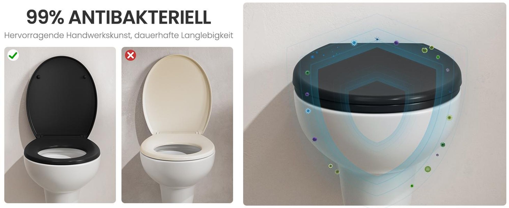 WC-Sitz O Form, 45 x 37.5 cm, Schwarz, Duroplast Toilettendeckel, Absenkautomatik, Schnellbefestigung, Klobrille, Antibakteriell, Softclose
