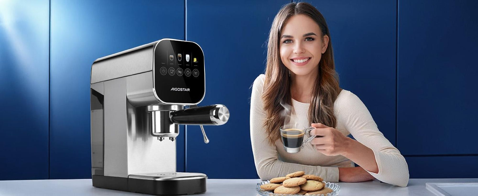 Aigostar Siebträgermaschine Espressomaschine mit Milchaufschäumer, Kompatibel mit Kapseln und Gemahlenem Kaffee, 20 Bar, Digitales Touchpanel