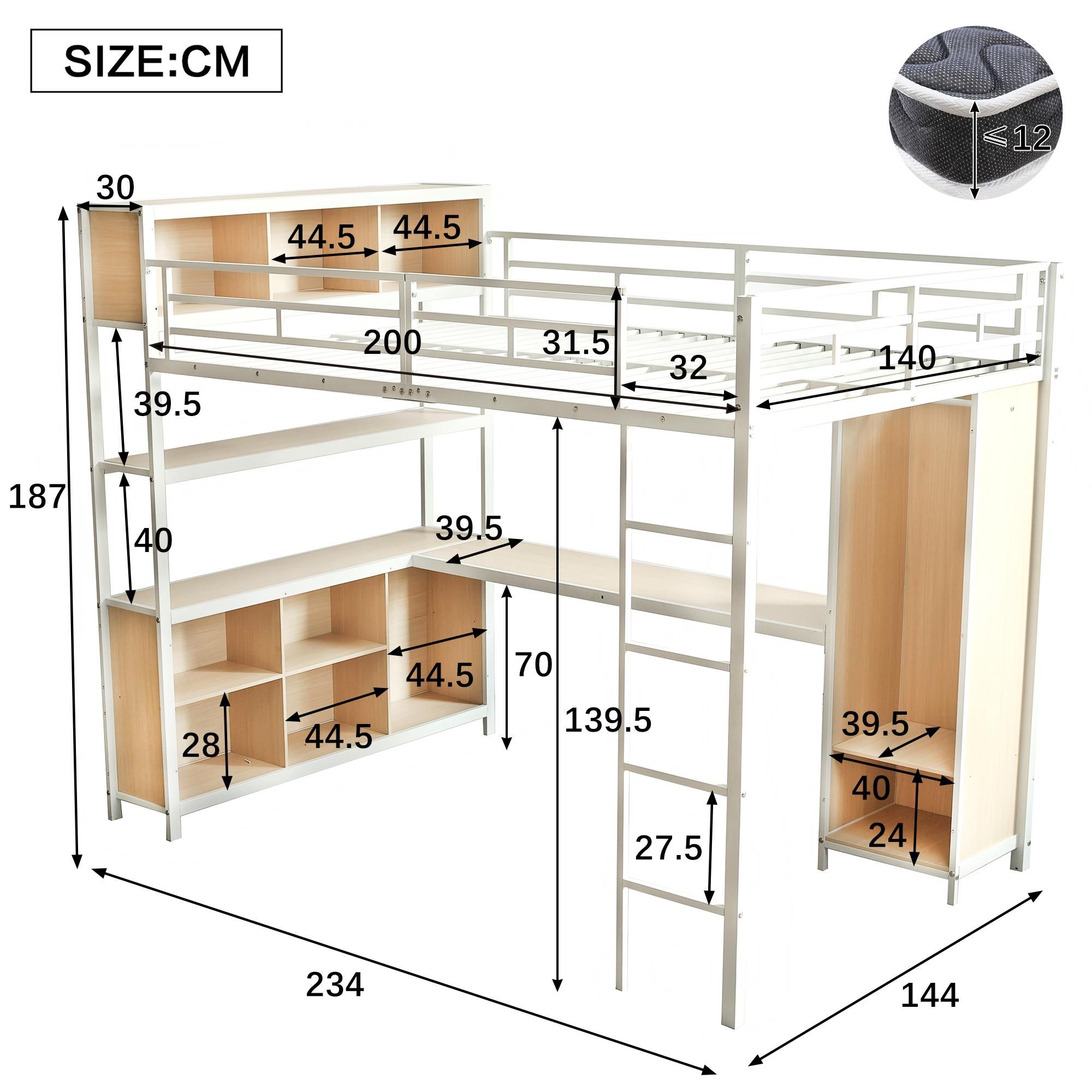 Flieks Etagenbett 140x200cm mit Schreibtisch und Regal, Hochbett mit Kleiderschrank, Kinderbett Jugendbett Metallbett mit Lattenrost, Weiß