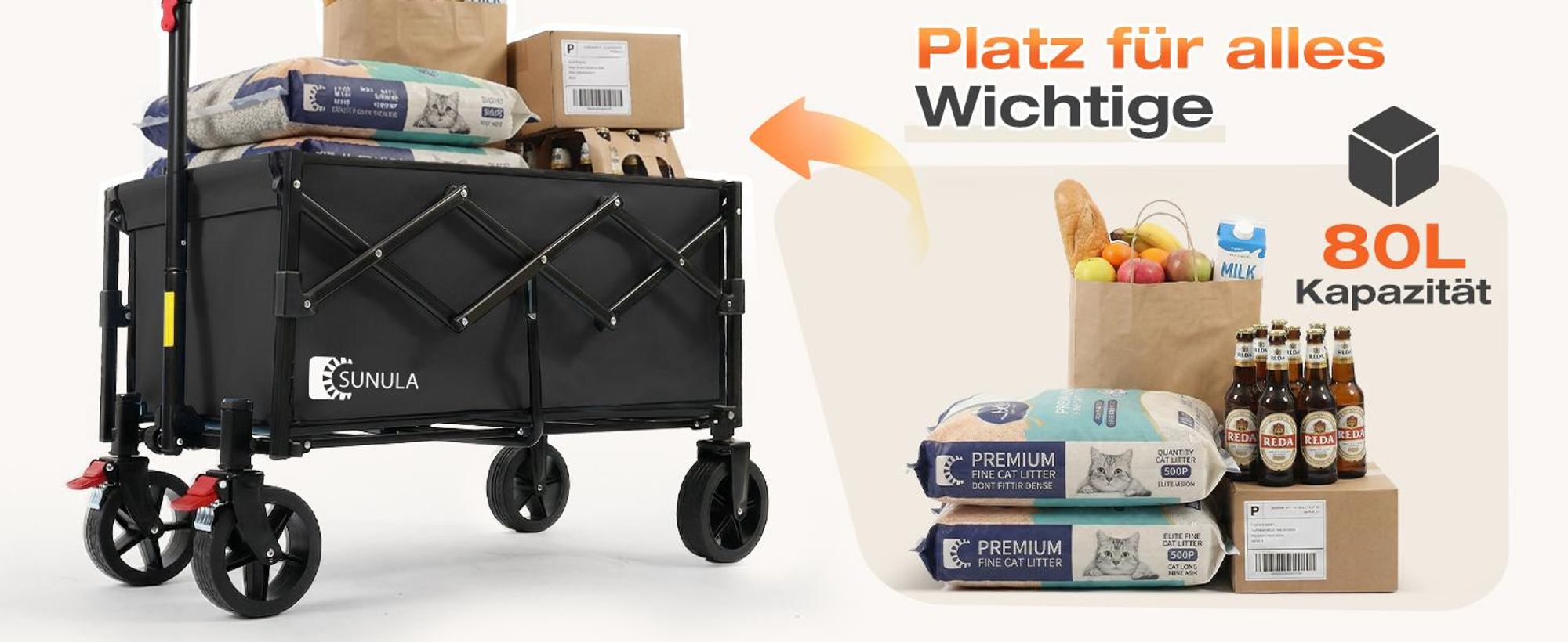 SUNULA Bollerwagen Faltbar Klein 80L 100KG, Klappbarer Handwagen Einkaufen, Schwarz