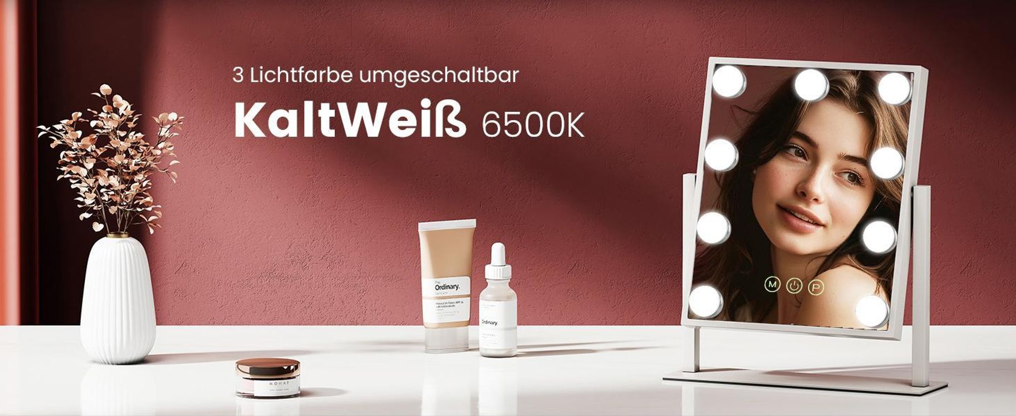 EMKE Kosmetikspiegel mit LED Belechtung 47.5X36.5cm Schminkspiegel 7x Vergrößerung 3 Lichtfarben Dimmbar 360° drehbar, Weiß