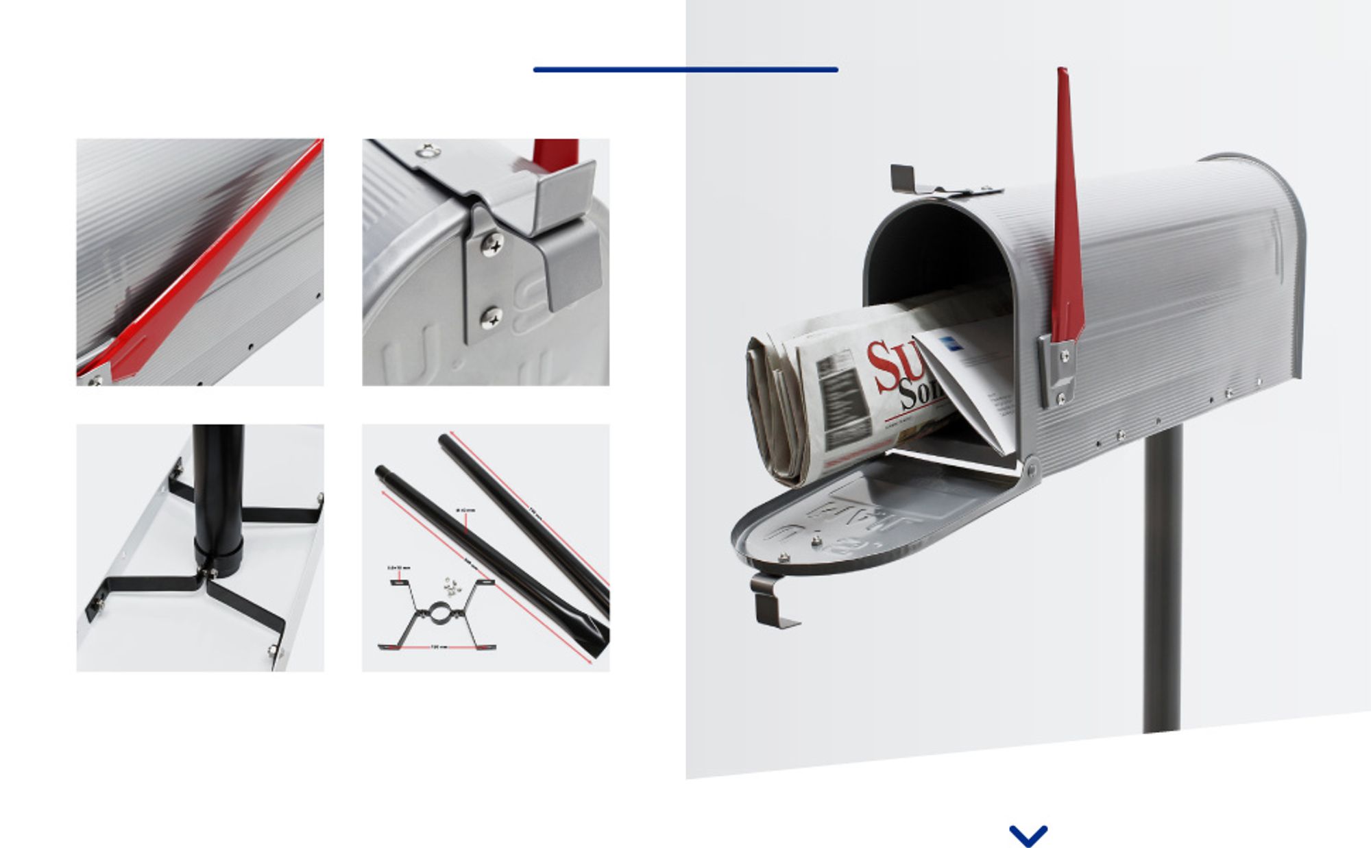 Wiltec Set US Mailbox silbergrau 180 x 220 x 480 mm, amerikanischer Briefkasten mit Fahne, Standbriefkasten Stahl amerikanisches Design mit passendem Standfuß