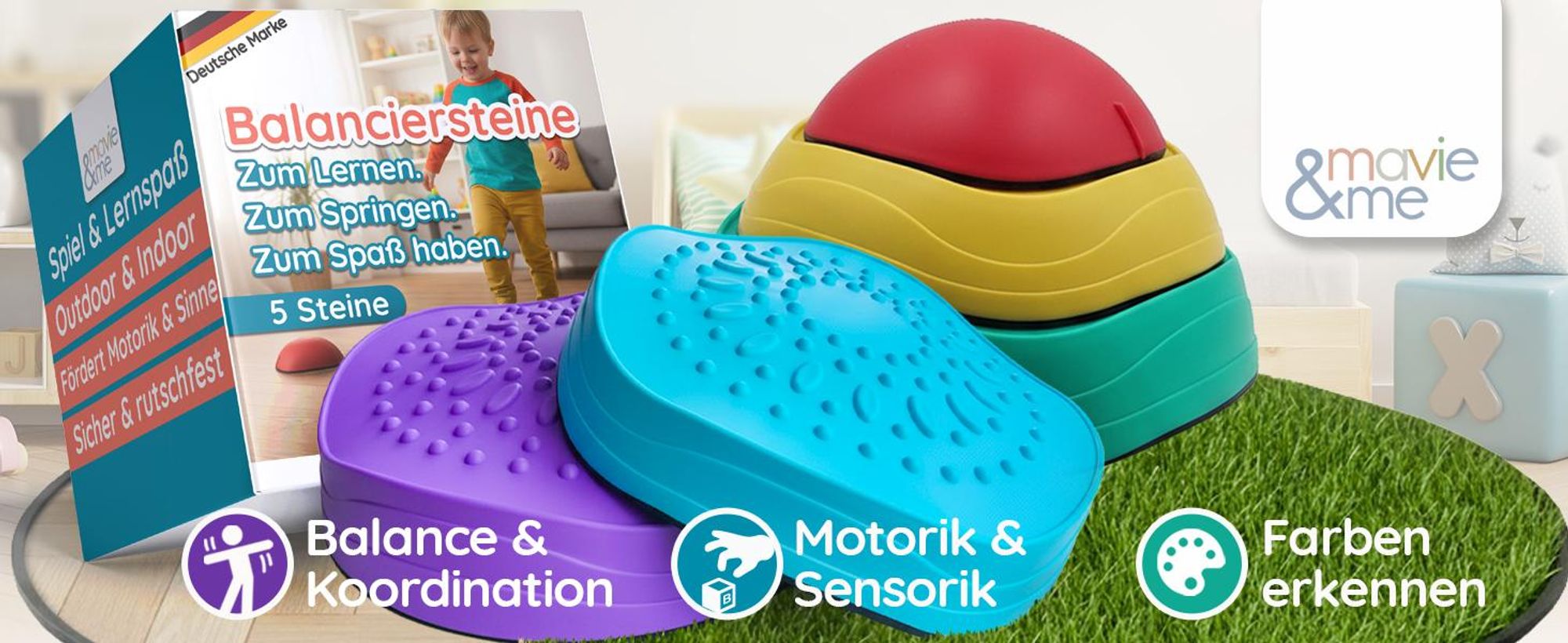Mavie & me Balanciersteine für Kinder 5er Set Stapelsteine Indoor & Outdoor zum Balancieren, Motorik Förderung Bewegung & Gleichgewicht