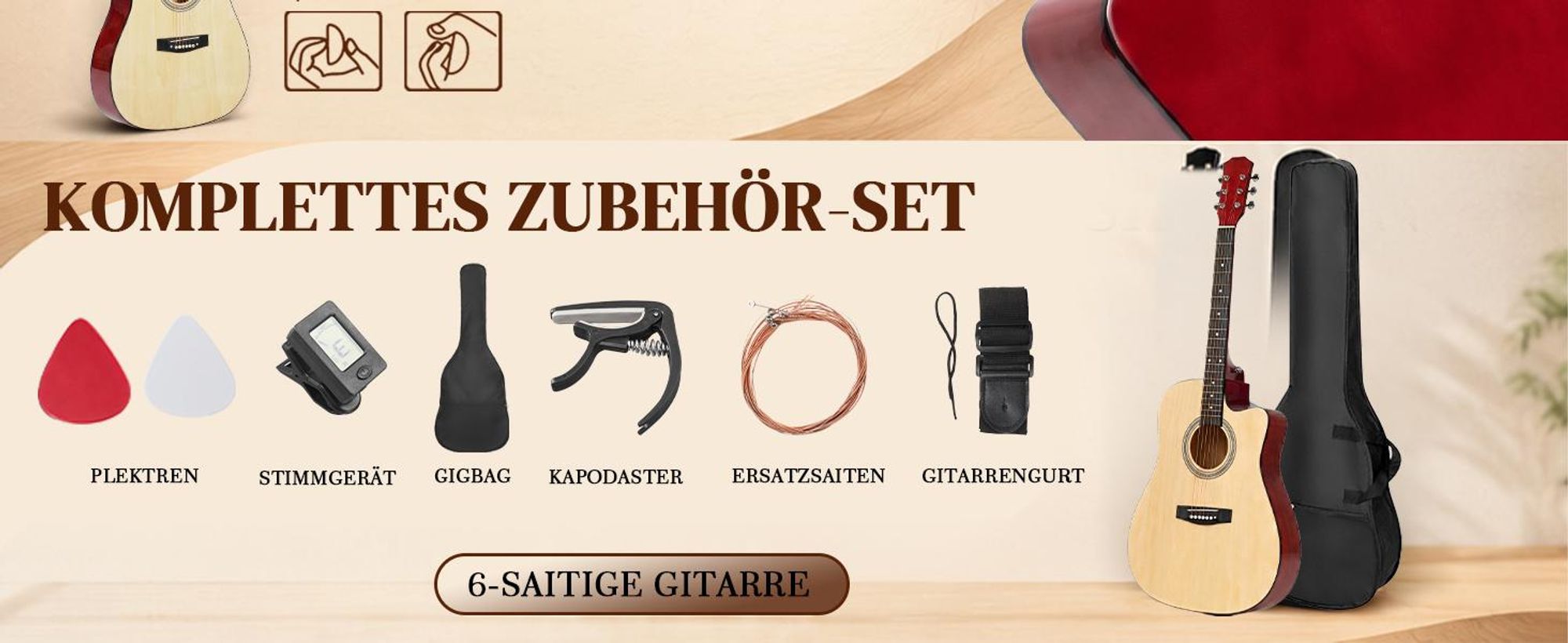 LEADZM Akustikgitarre 38 Zoll Cutaway Westerngitarre Set, Holz Gitarre für Anfänger Erwachsene Jugendliche Kinder, Komplettes Zubehörpaket Natur