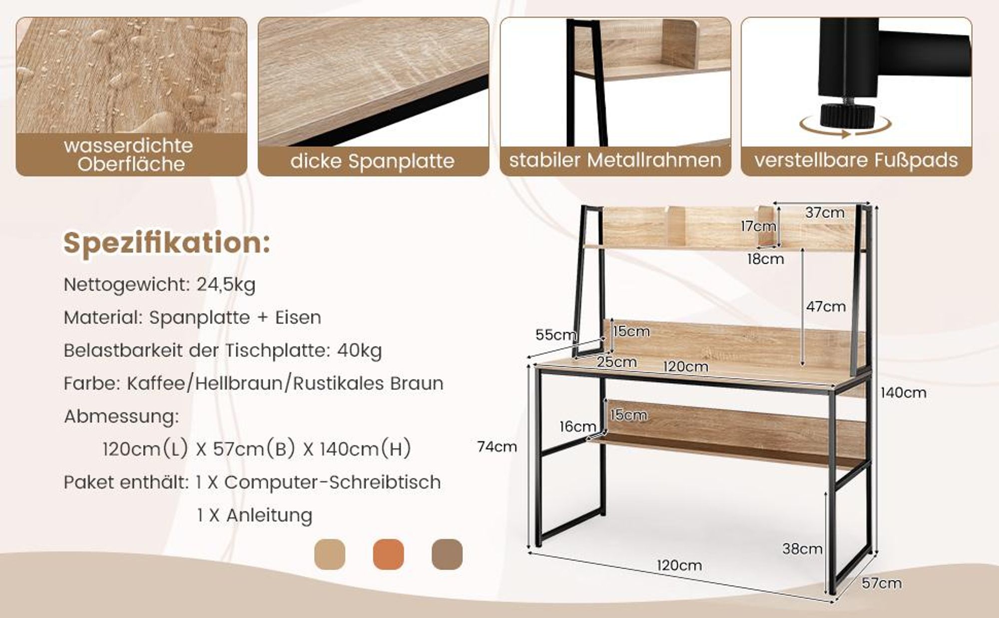 COSTWAY Schreibtisch mit Ablage und offenem Bücherregal, Computertisch Holz 120x57x140cm, Kaffee