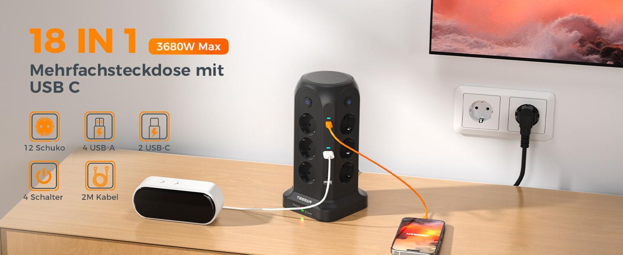 18 in 1 Mehrfachsteckdose mit 2 USB C und 4 USB A