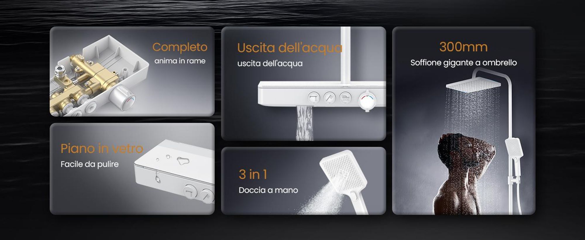 Sistema doccia EMKE con termostatico mensola in vetro doccetta 3 modalità di getto doccia a pioggia, rubinetteria per bagno e doccia, doccia a pioggia, KTW, bianco - F09