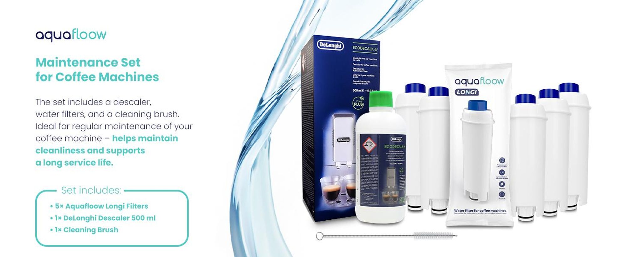5x Wasserfilter kompatibel mit DeLonghi ECAM Magnifica S 23.210.W Baugleich zu DLSC002 + DeLonghi EcoDecalk 500ml DLSC500