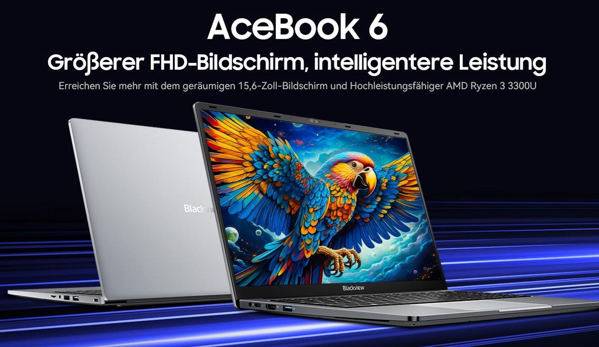 Blackview 15.6" FHD Acebook 6 Laptop, AMD Ryzen 3300U Notebook 4x3.5Ghz, 16GB DDR4+512GB SSD/1TB, 180° drehbar, Windows 11, Tastatur-Aufkleber