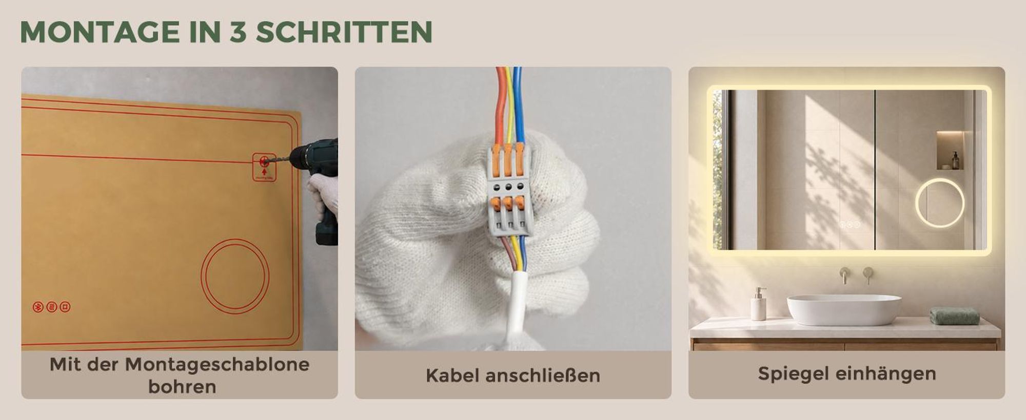S'AFIELINA Badspiegel mit Beleuchtung und Bluetooth 5.3, 120 × 60 cm, 3× Kosmetikspiegel, Antibeschlag, 3 Lichtfarben, dimmbar, Touch & Memory