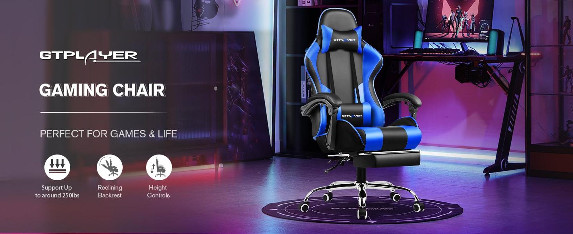 GTPLAYER Chaise de jeu avec repose-pieds et coussin lombaire de massage Chaise de bureau Chaise de jeu ergonomique supporter jusqu'à 150kg BLEU