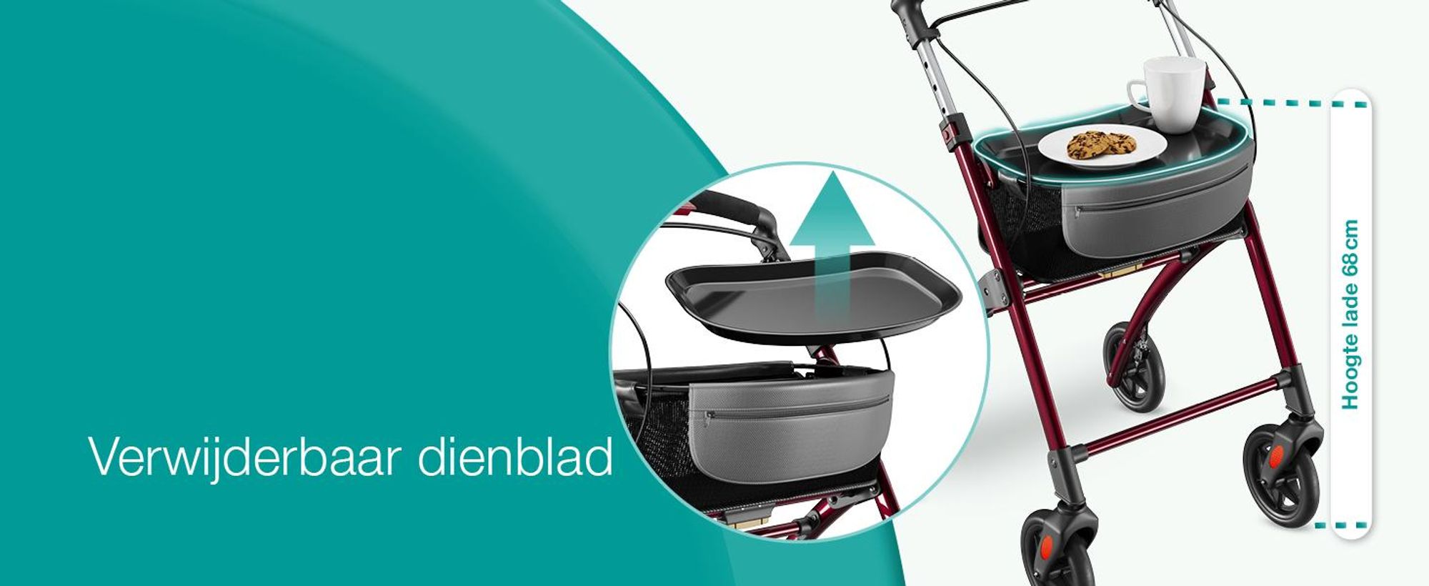 ELONEO Woonrolstoel, 54 cm breed, opvouwbaar en lichtgewicht, inclusief dienblad en stoffen mand. Smalle rolstoel voor binnenshuis, inklapbaar, aluminium. Rood