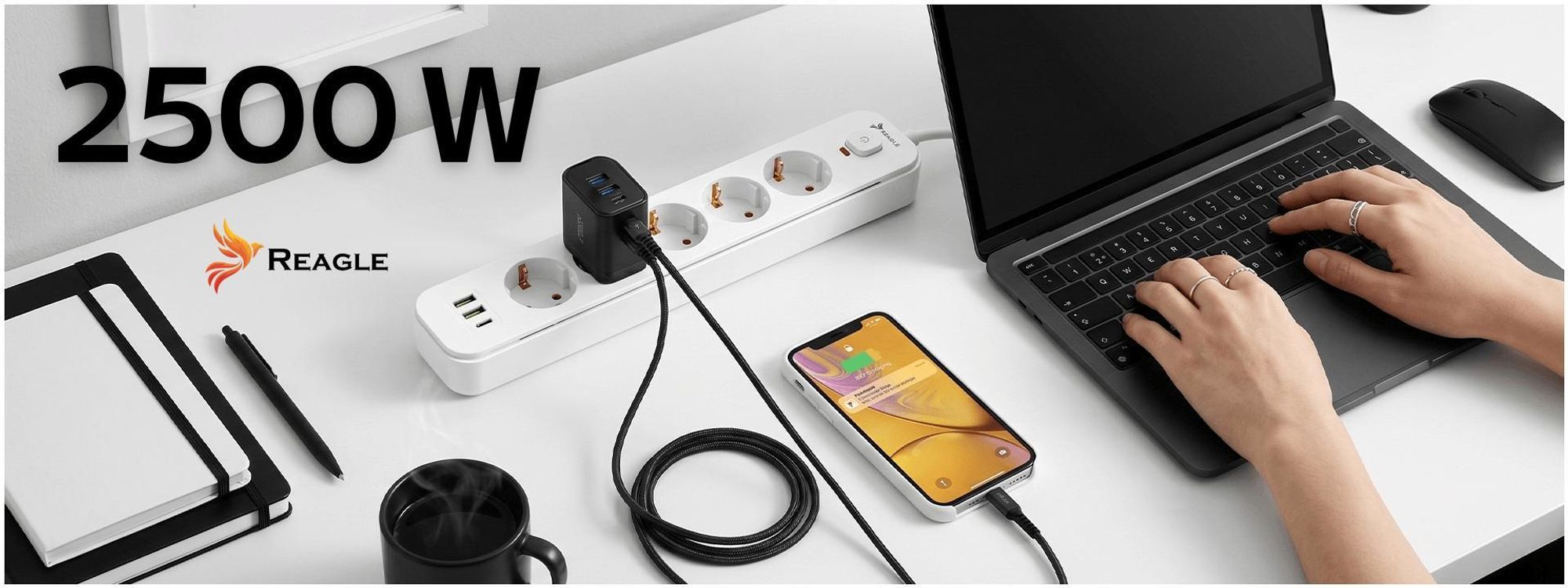 Reagle 3m Steckdosenleiste 5-fach mit 3x USB (2x USB-A, 1x USB-C), Mehrfachsteckdose, Verlängerungskabel 2500W, Schalter, Weiß