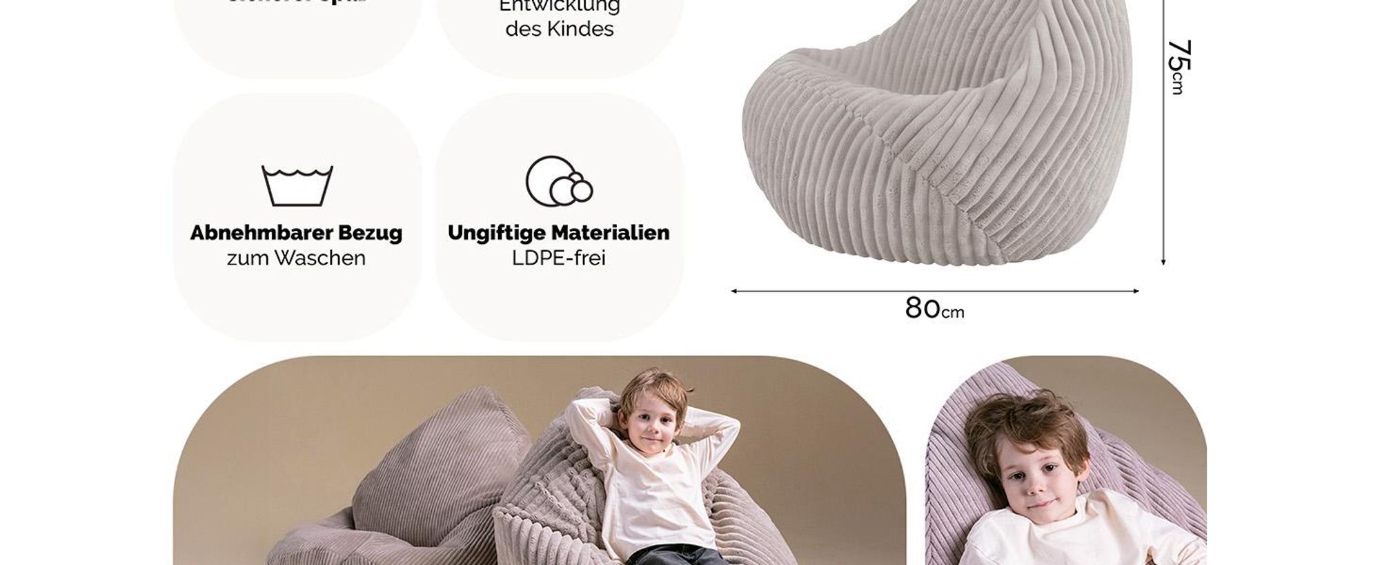 MISIOO Kinder Sitzsack Premium - Ergonomischer - Ab 12 Monaten - Bequeme Sitzsäcke fürs Kinderzimmer - Sitzsack mit Leichter Styroporfüllung