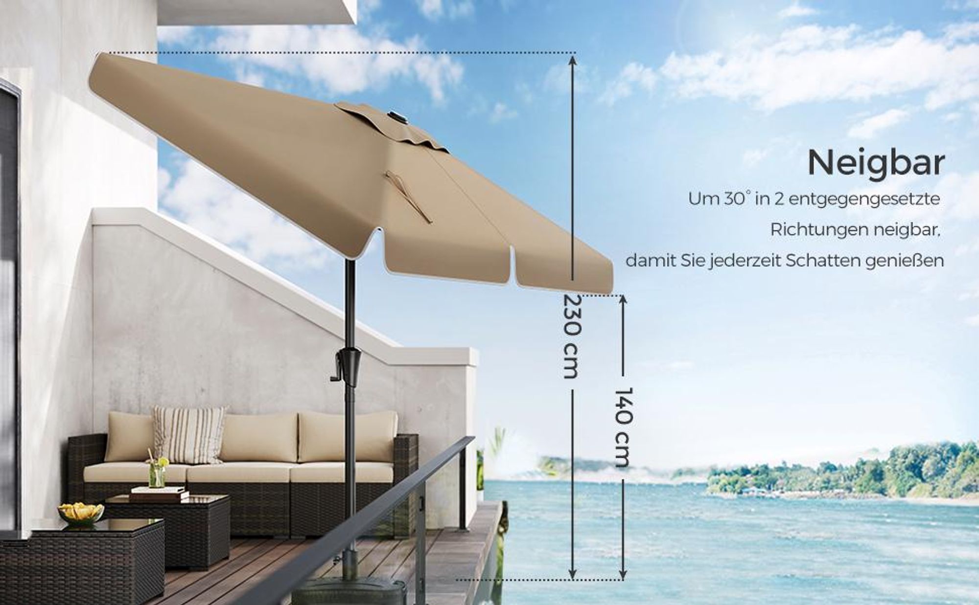 SONGMICS Sonnenschirm Balkonschirm UPF 50+ 200 x 150cm beidseitig um 30° knickbar