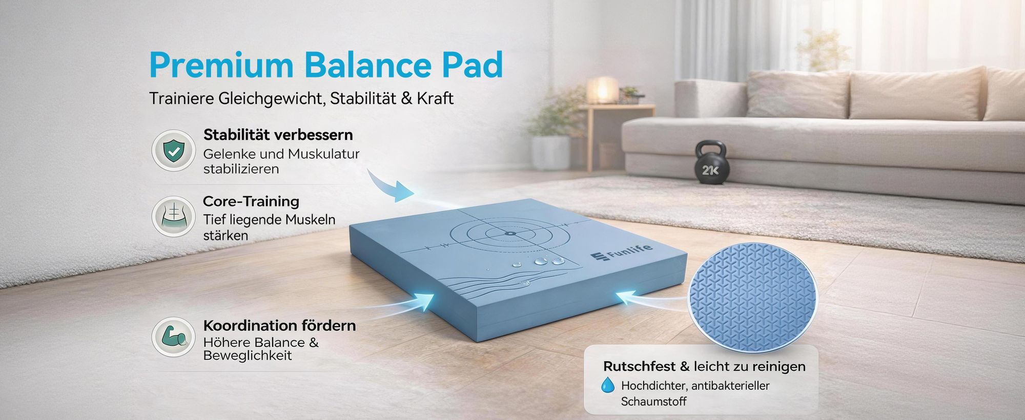 FunLife Balance Pad 40x40x5 cm – Gleichgewichtskissen für Core Training, Koordination, Balance & Yoga, bis 150 kg