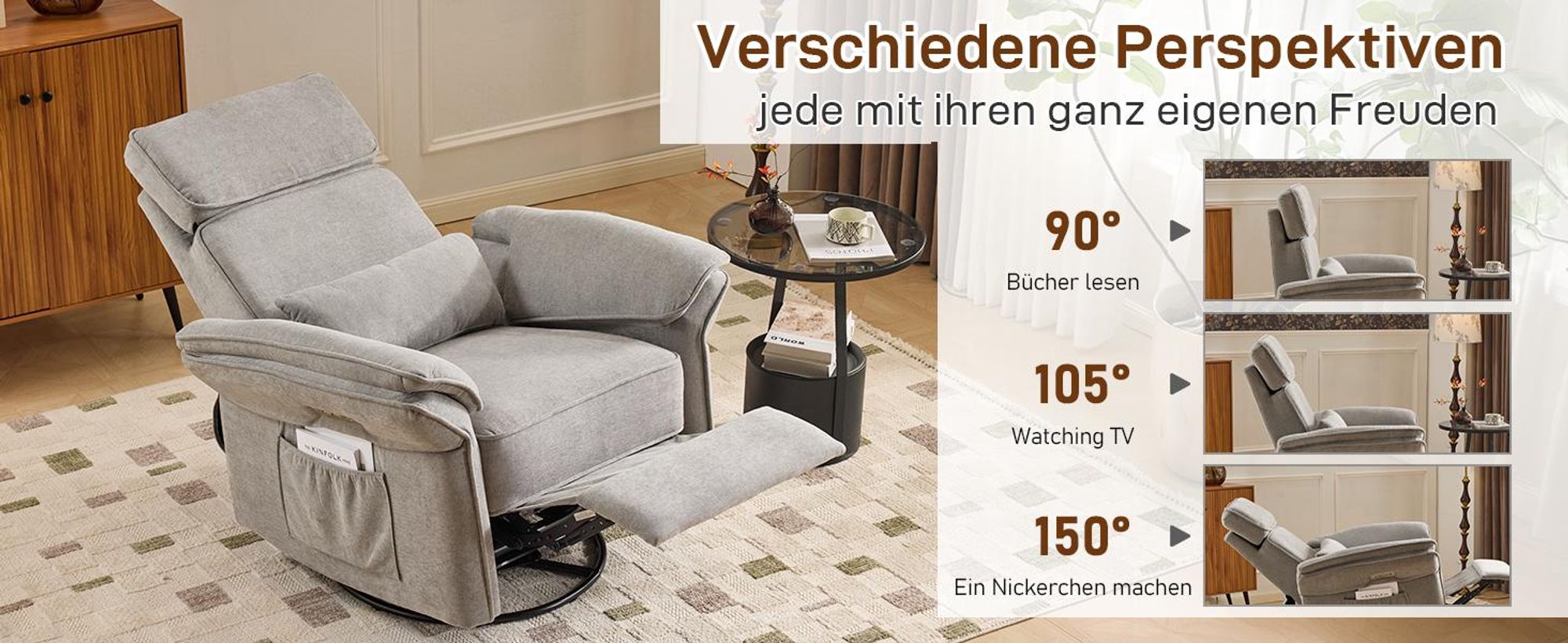FCH Relaxsessel Fernsehsessel, elektrischer Neigungs, 300° Drehfunktion, verstellbare Kopfkissen Armlehnen,Hellgrau