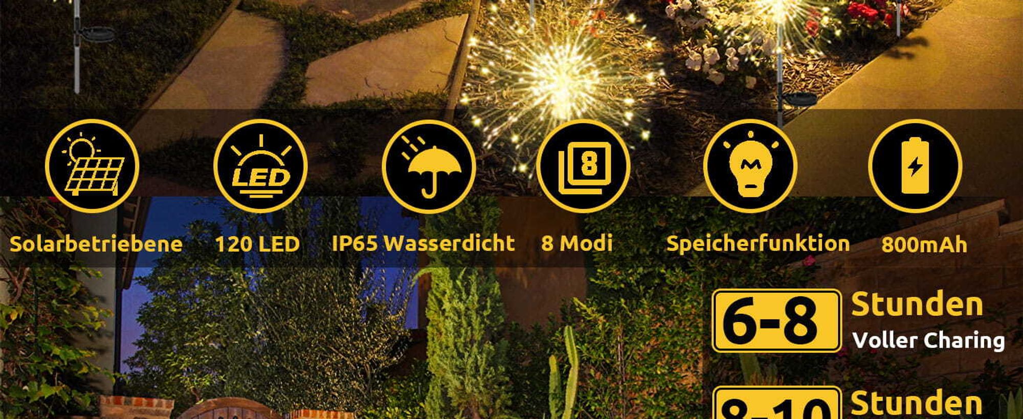 Solarleuchten für Außen Garten 2 Stück 120 LED Solar Pusteblume Gartenbeleuchtung, 8 Modi Solarlampen Gartenstecker Winterfest Solarlicht Feuerwerk