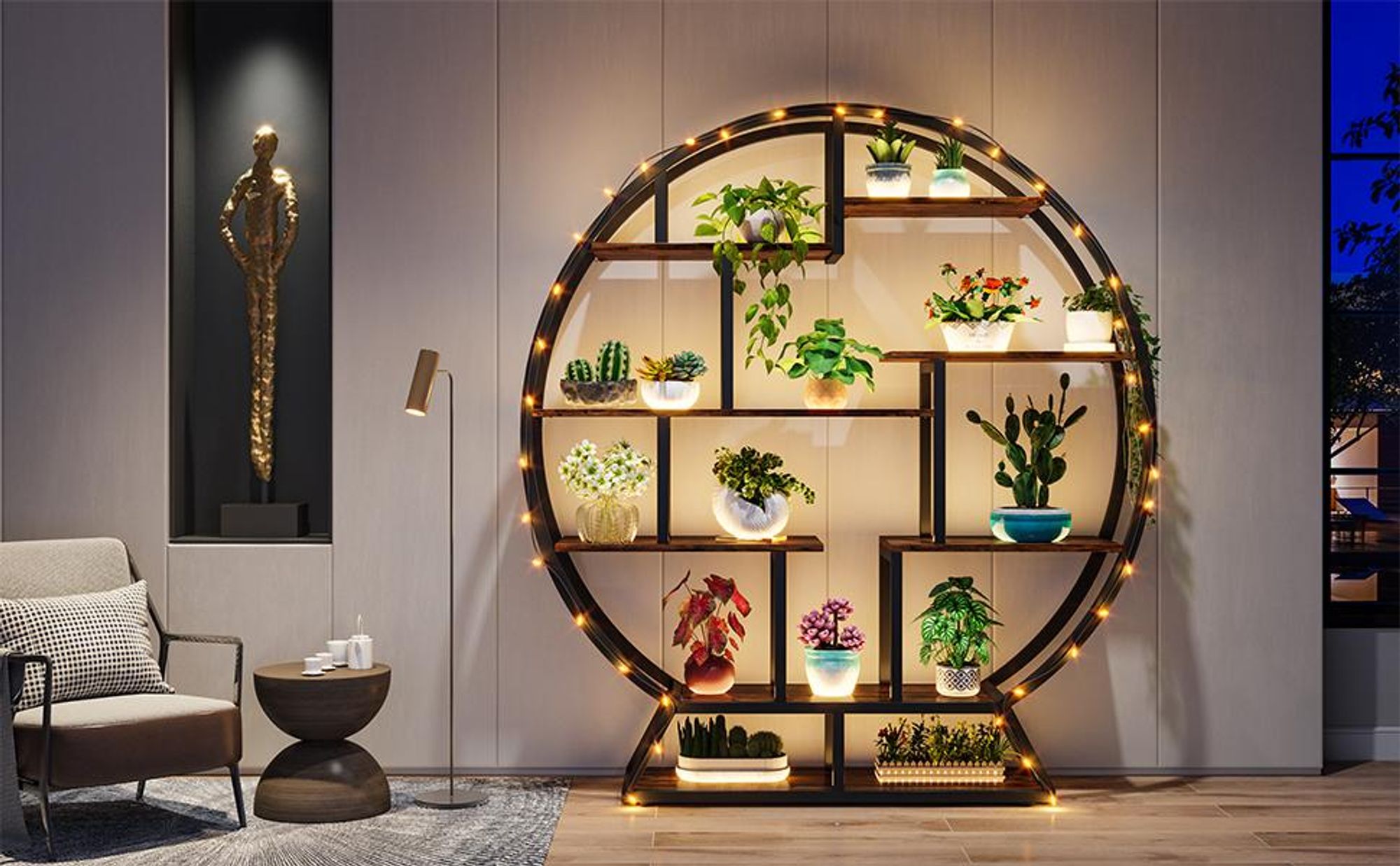 Tribesigns Bücherregal, rundes Bücherregal, Etagere-Bücherregal, 160 cm Industrieholz-Bücherregal mit versetzten Regalen, rustikales offenes Regal