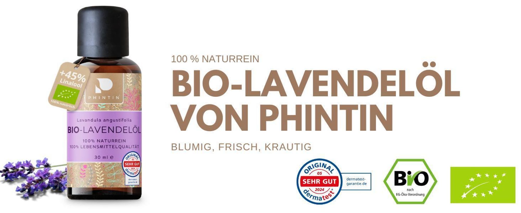 Reines Lavendelöl von Phintin, Bio- und  getestet (Dermatest Sehr Gut)