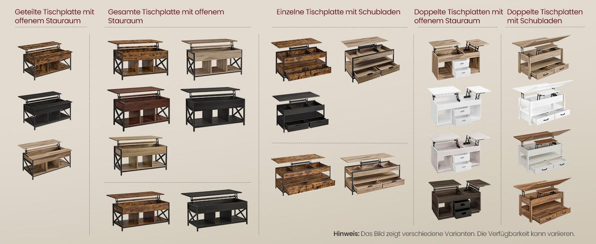 VASAGLE Couchtisch, Wohnzimmertisch, Gaszylinder, höhenverstellbar, viel Stauraum, Kaffeetisch, für Wohnzimmer, braun-weiß