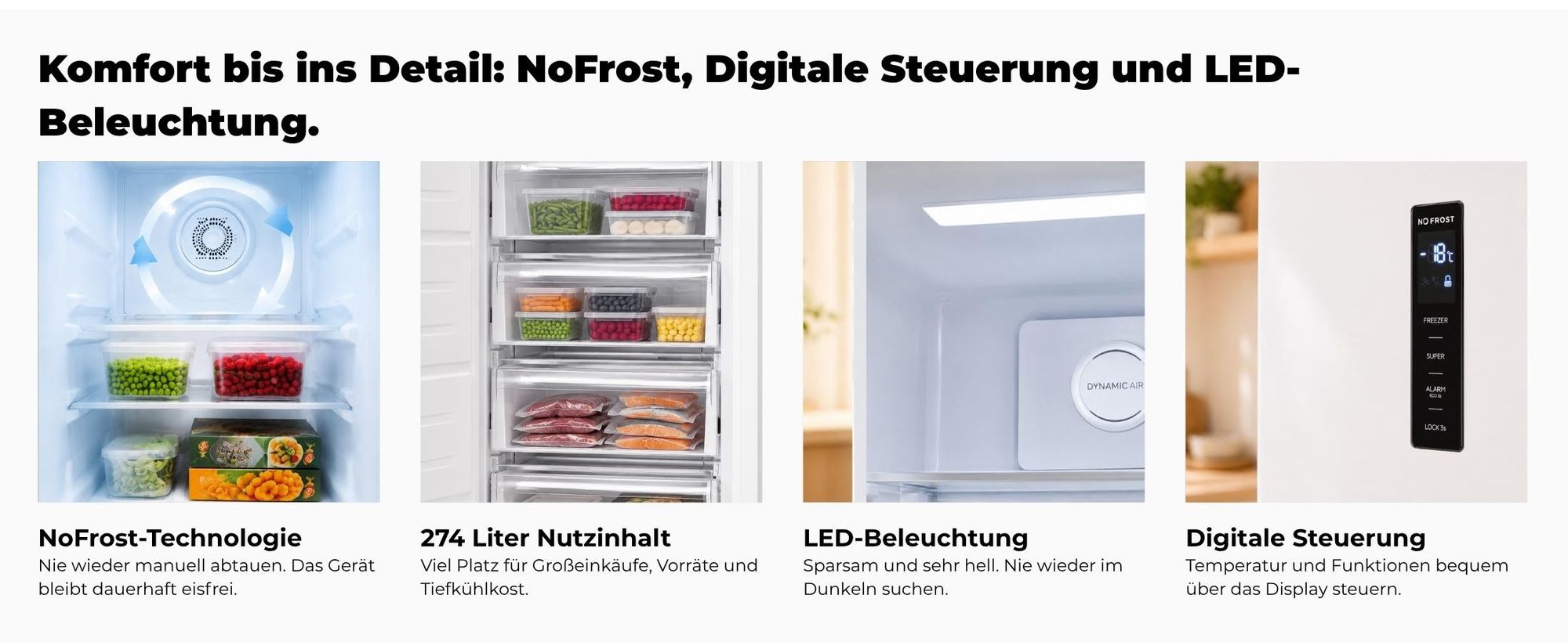 Exquisit Gefrierschrank 274 l No Frost | Energieklasse C | Schnellgefrieren | digitale Temperaturanzeige | leise 39 dB | GS5295-NF-H-040C weiss
