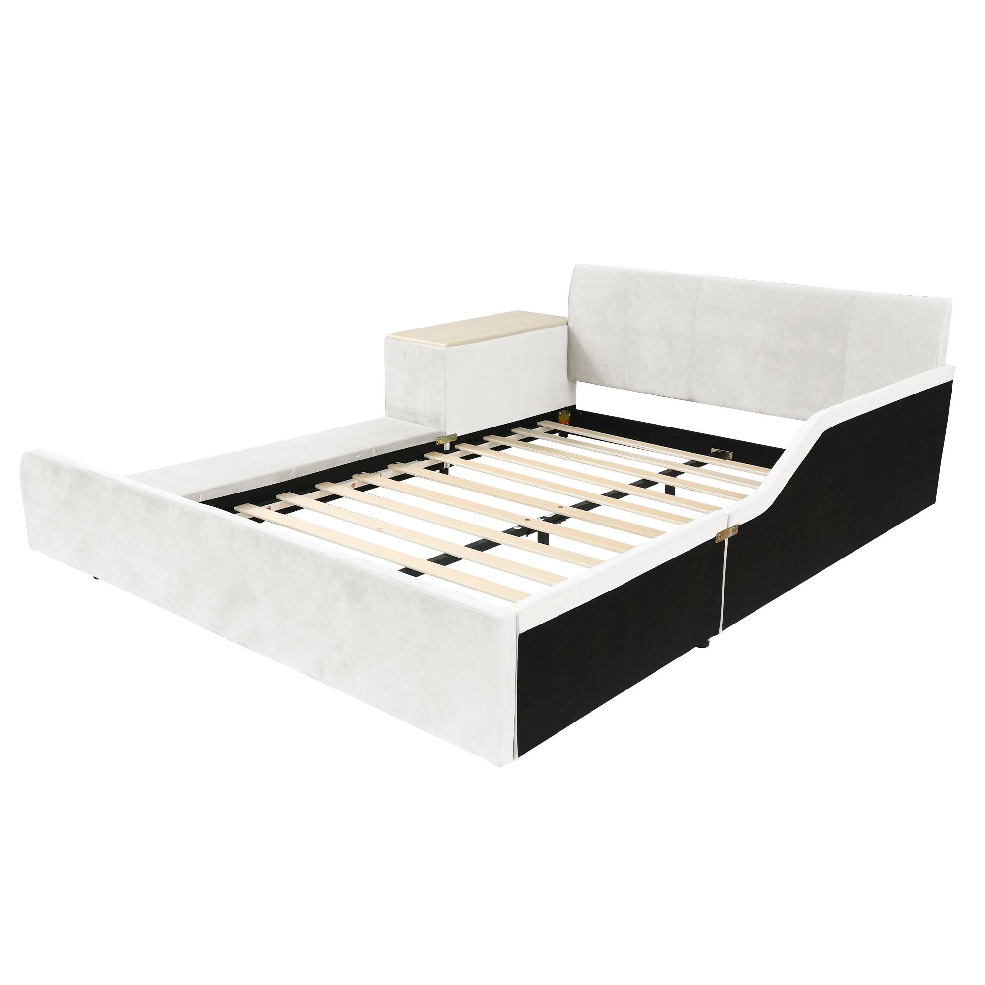 Flieks Polsterbett Kinderbett 140x200cm mit Schreibtisch und Hocker, Bodenbett Doppelbett mit Rausfallschutz, Holzbett mit Lattenrost, Samt, Weiß
