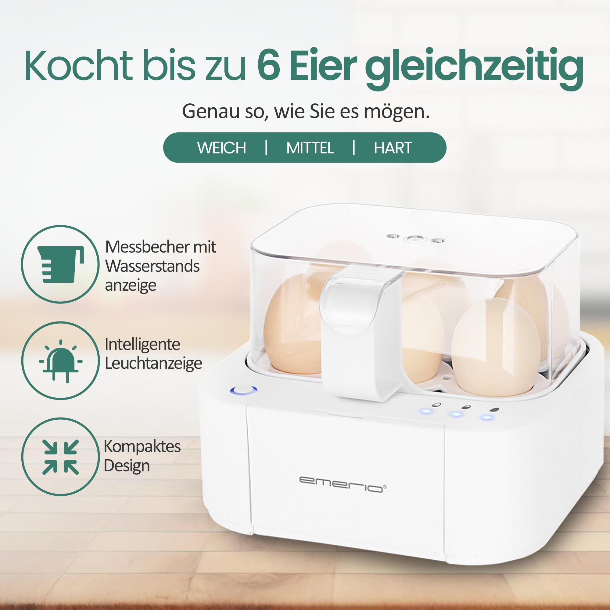 Emerio Smart Eierkocher - 6 Eier, 400W – Sprachansagen mehrsprachig (inkl. Deutsch) – weich/mittel/hart kochen – inklusive Messbecher - EB-115560.14
