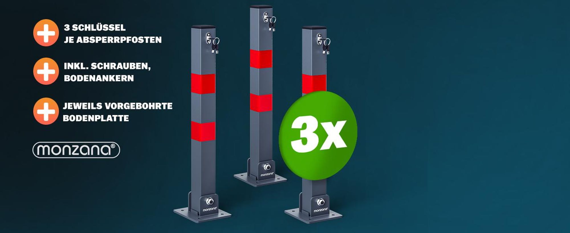 DEUBA® 4x Parkpfosten Parkplatzsperre 3 Schlüssel Sperrpfosten klappbar Stahl Robust Standfuß Stabil Park Poller Set