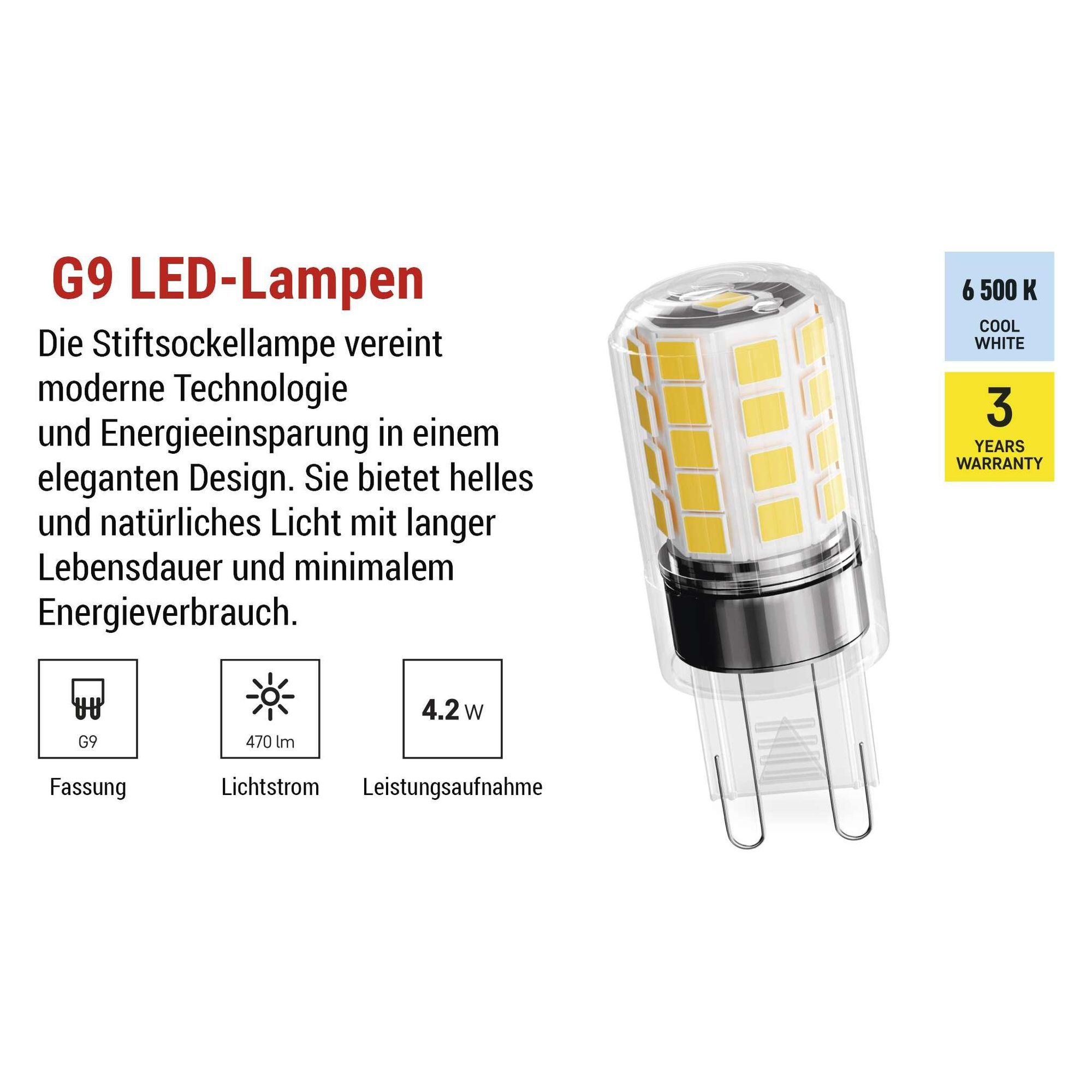 EMOS G9 LED Lampe CLASSIC, 2er Pack, 4,2 W ersetzt 40 W Halogenlampe, G9 Pin Lampe JC mit Helligkeit 470 lm, Kaltweiß 6500 K, langlebig, ZQ9E24.2