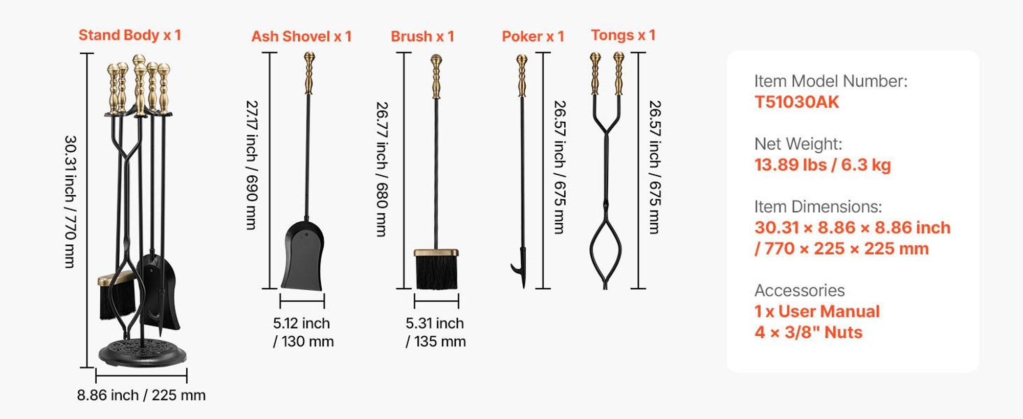 VEVOR Kaminbesteck-Set, 5-teiliges Ofenbesteck-Set, fünfzackiger Ständer, Zange,