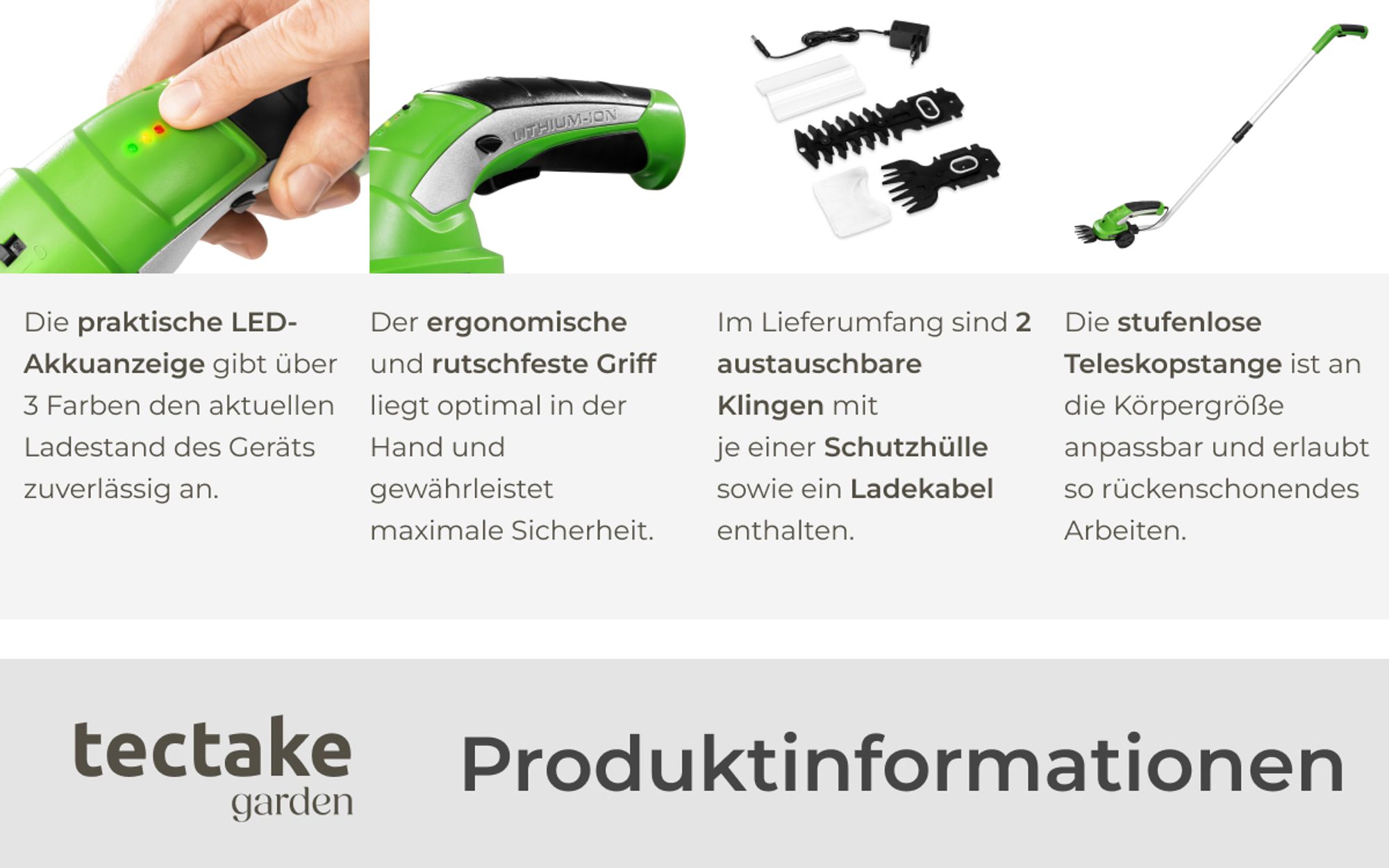 tectake® Akku Heckenschere 7,2 V mit 2 Aufsätzen inklusive Teleskopstange