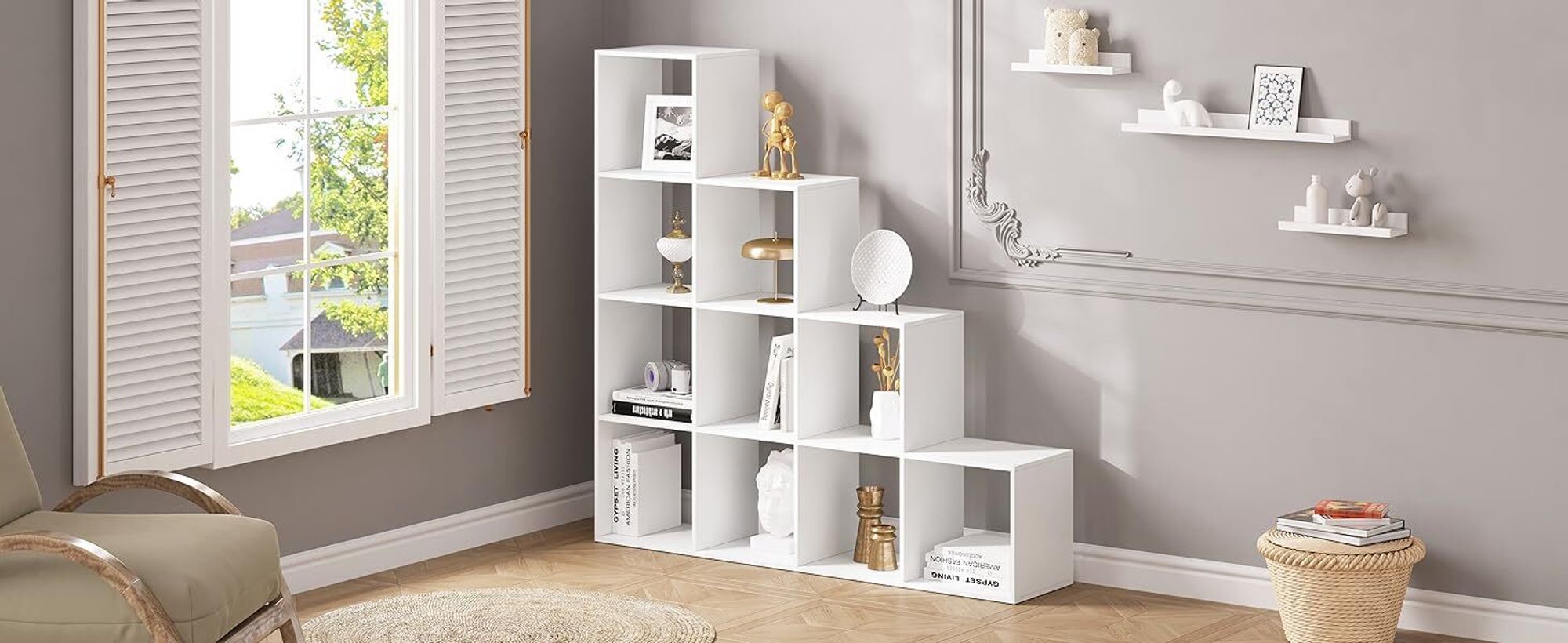 WOLTU Bücherregal mit 10 Fächern, Holzwerkstoff, Würfelregal Stufenregal, Weiß
