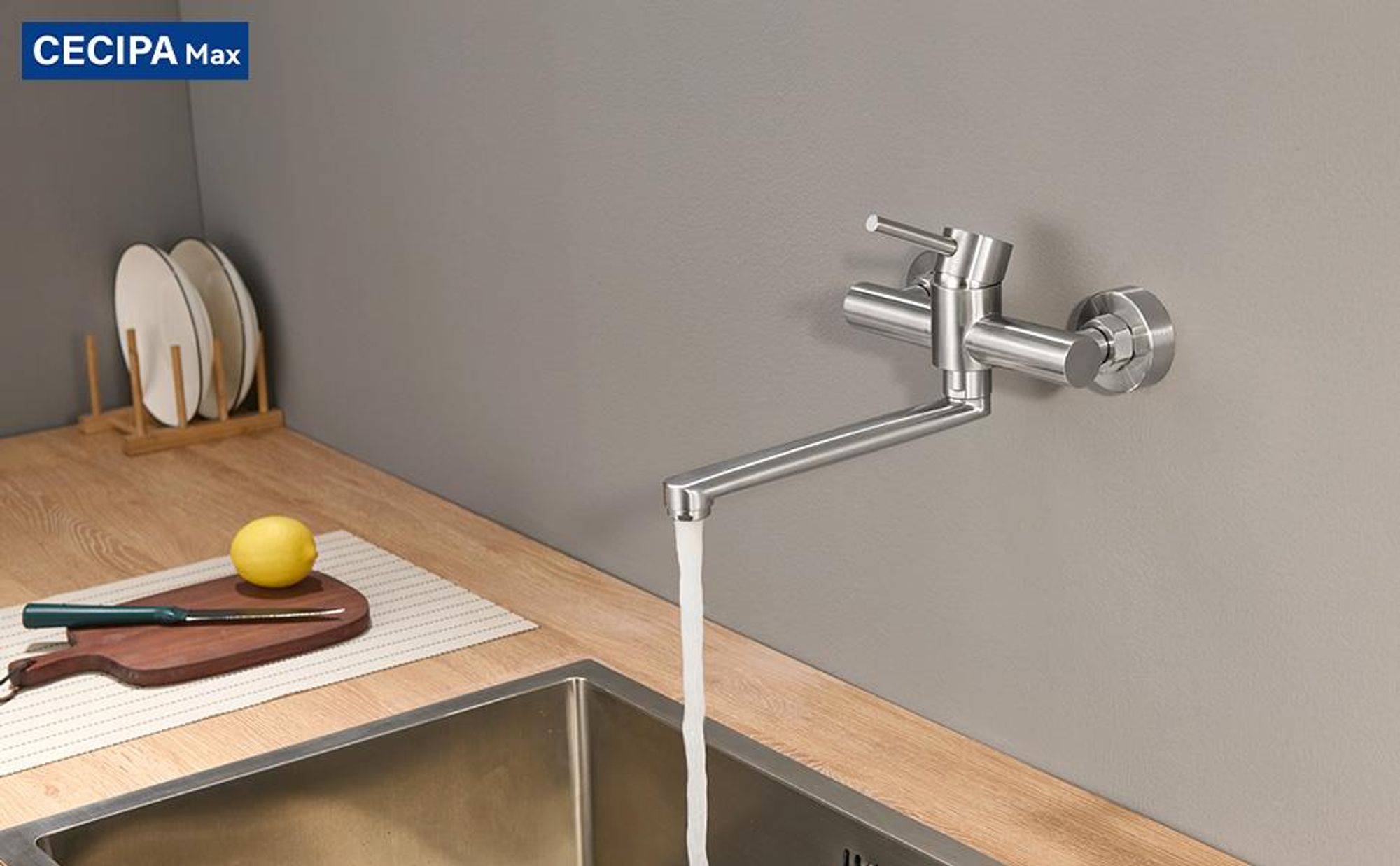 CECIPA Küche Wasserhahn, Wandmontage-Küchenarmatur mit 2 Strahlarten Küchenarmatur in gebürstet 360° Drehbare Armatur Küche Spültischarmaturen