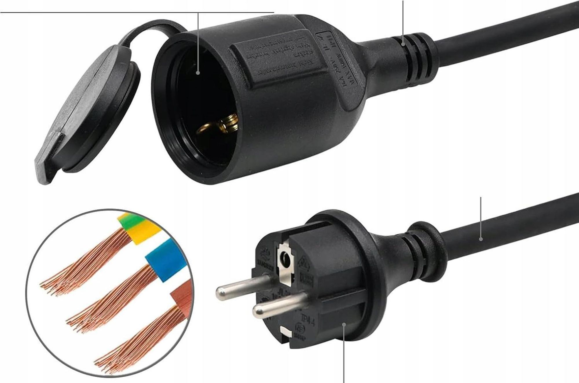 Przedłużacz 3x1,5, IP44, 10 m, zewnętrzny kabel zasilający
