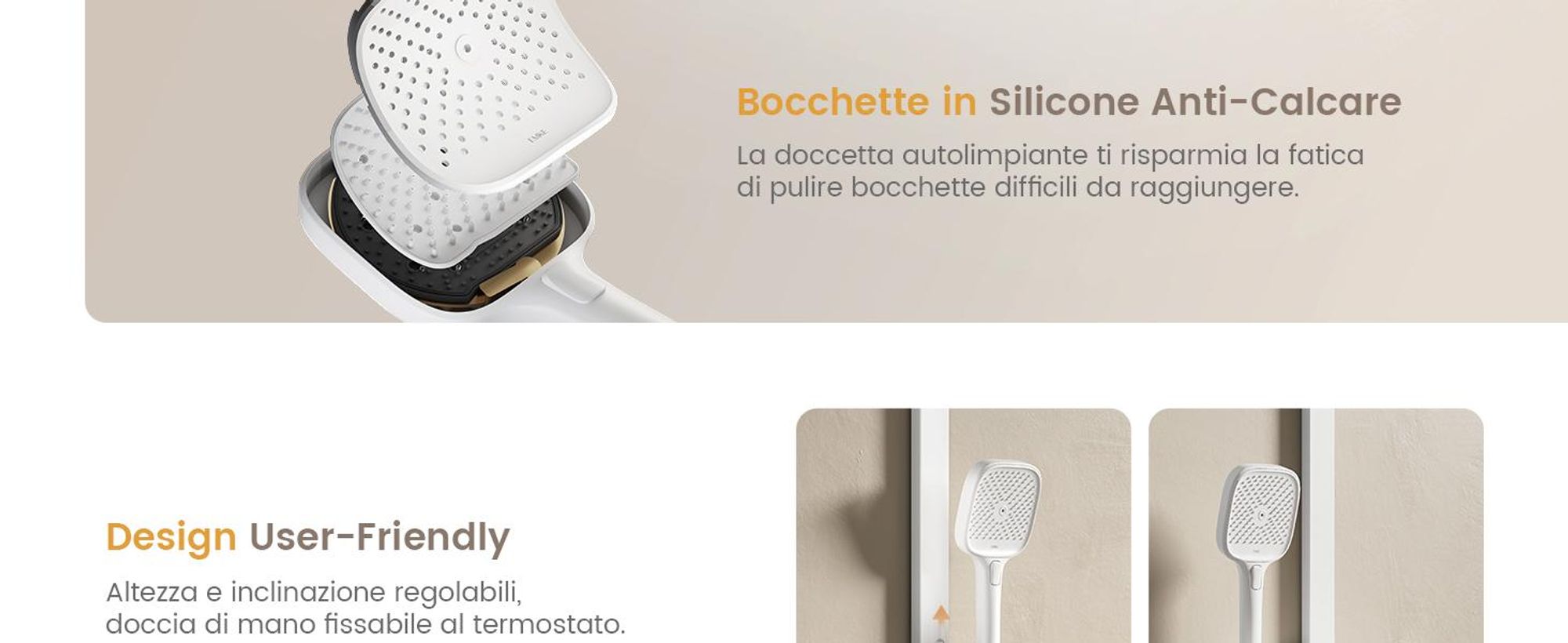 Sistema doccia EMKE con termostato Colonna doccia bianca con doccia a pioggia quadrata 360×240 mm, bocca di erogazione, regolatore di flusso e mensola in vetro F27