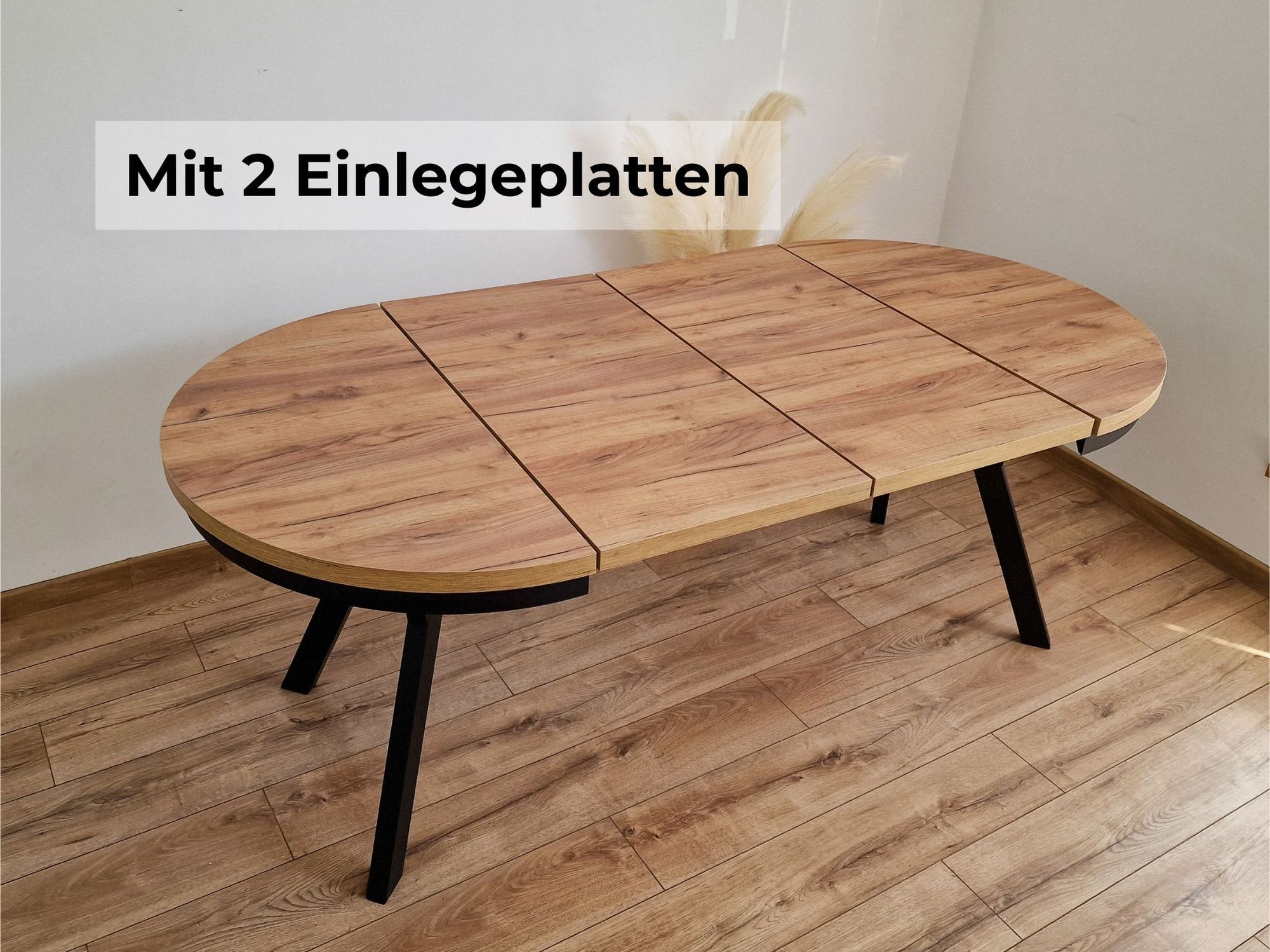 Ottavio Runder Ausziehbarer Esstisch Ø 100 / 150 / 200 cm, Platz für 4–10 Personen Skandinavisches LOFT Design Craft Goldoptik Schwarze Holzbeine mit Schwarzer Metallumrandung