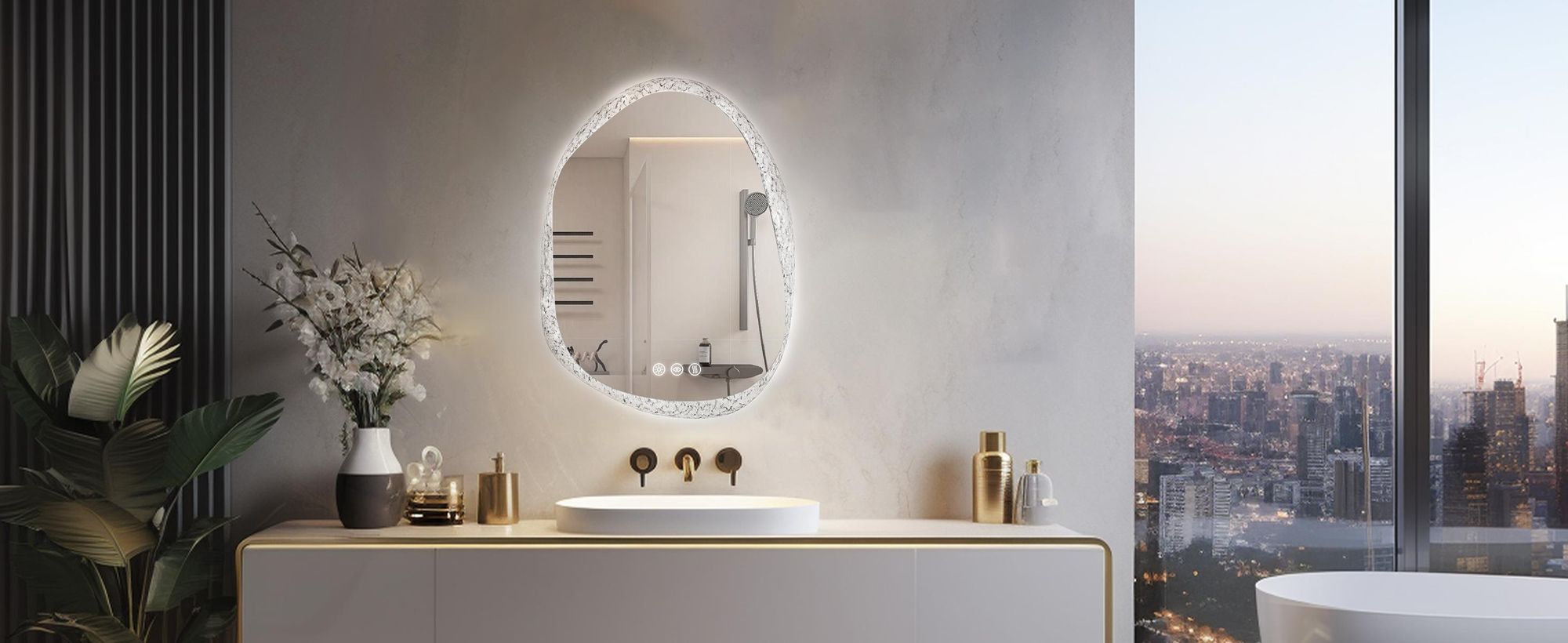 WISFOR Asymmetrischer LED Badspiegel 50x70 cm Badezimmer Wandspiegel mit Beleuchtung Dimmbar 3 Lichtfarben