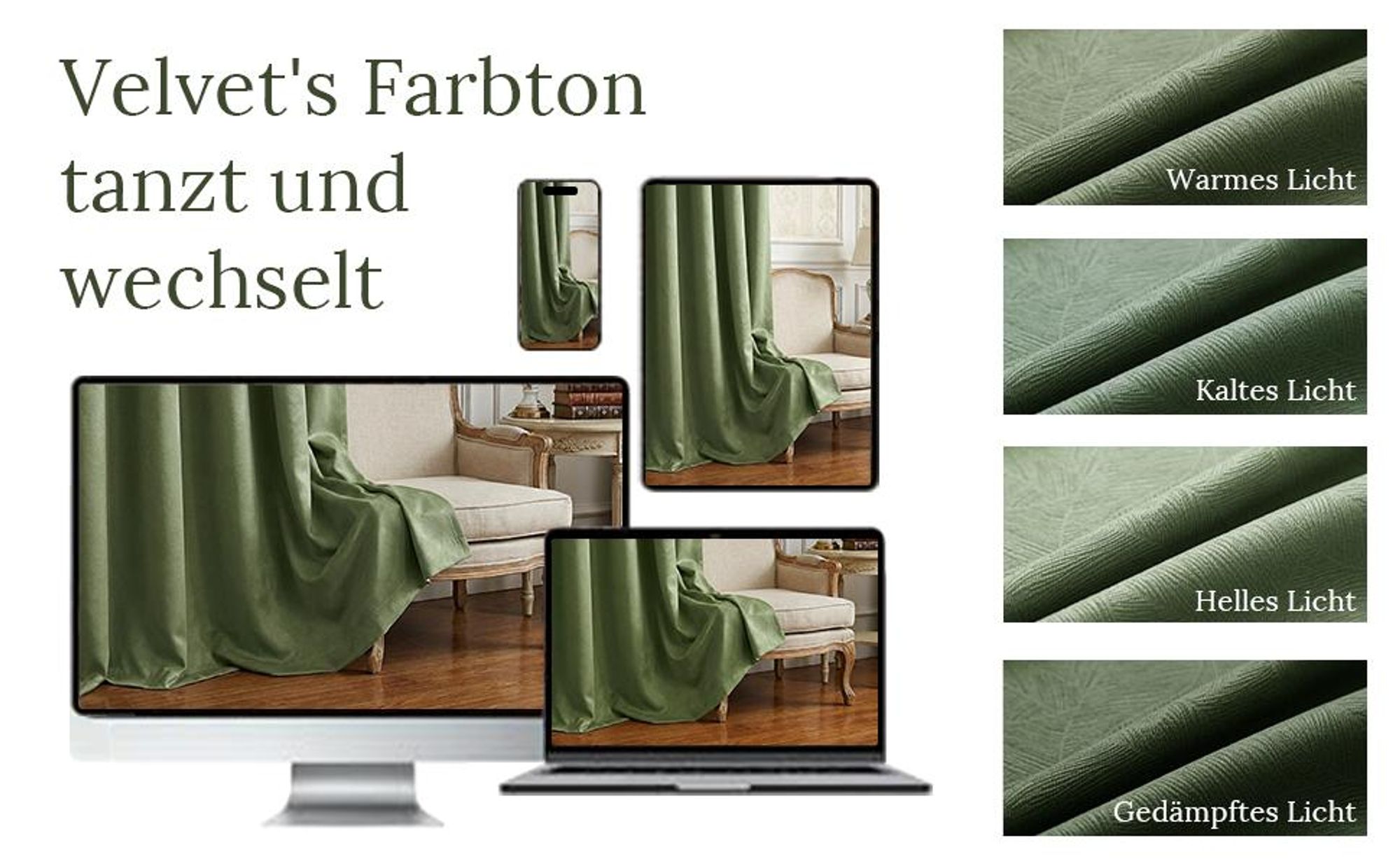 Geprägte Vorhänge Grün 2er Set Blickdicht 85% - 310GSM Thermo Gardinen Samt Vorhang 132x274cm Verdunkelungsvorhang mit Multifunktionsband Kräuselband Wohnzimmer Schlafzimmer