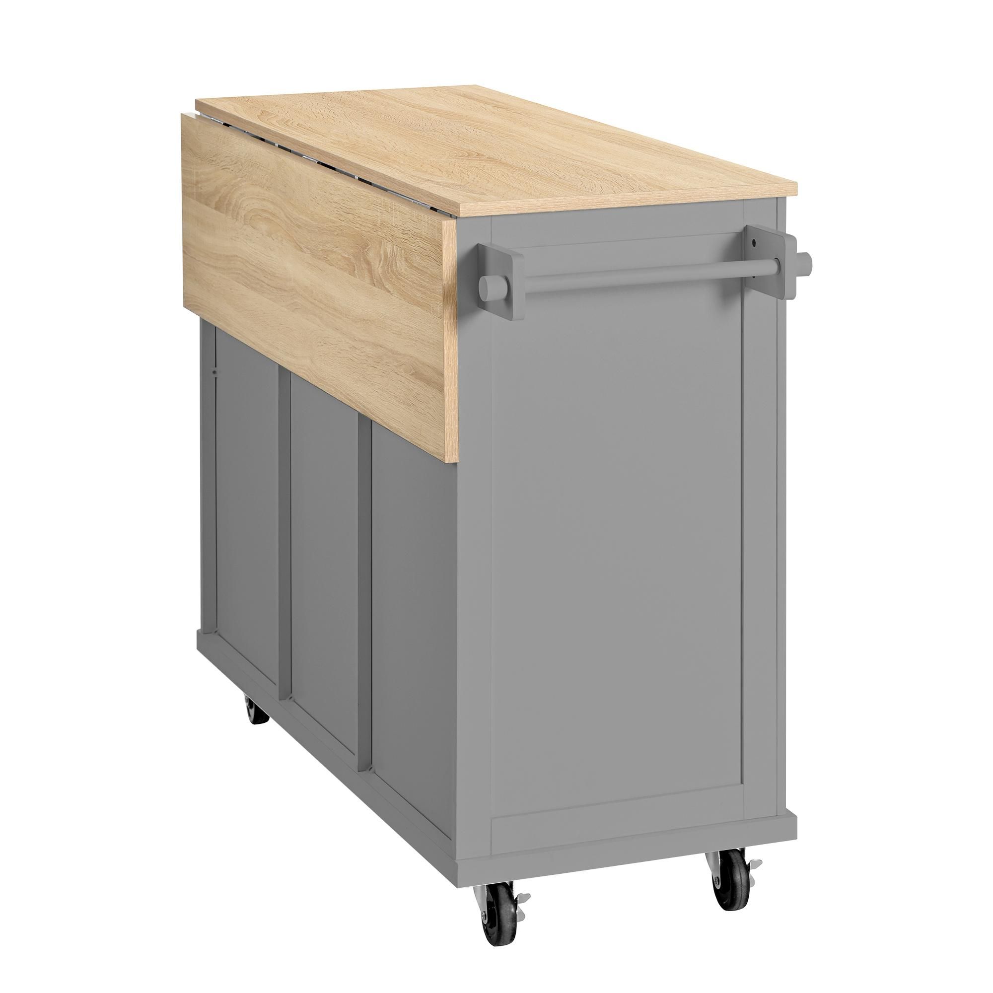 Flieks Servierwagen mit Arbeitsplatte Klappbar, Kücheninsel Küchenwagen mit Mülleimerfach & Schubladen, Mobil Speisewagen, 112x46.2-76.2x92.7cm, Grau
