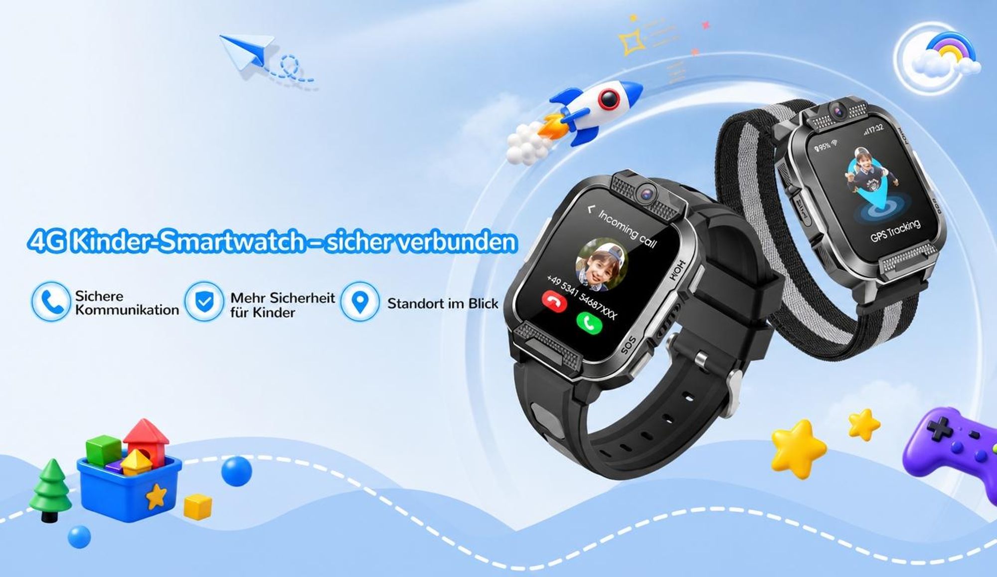 2026 4G Kinder Smartwatch mit GPS Telefon Video SOS für Jungen Mädchen Smartwatch 4-fache Ortung (GPS, WLAN, LBS, AGPS), Sicherheitszonen, Eltern App