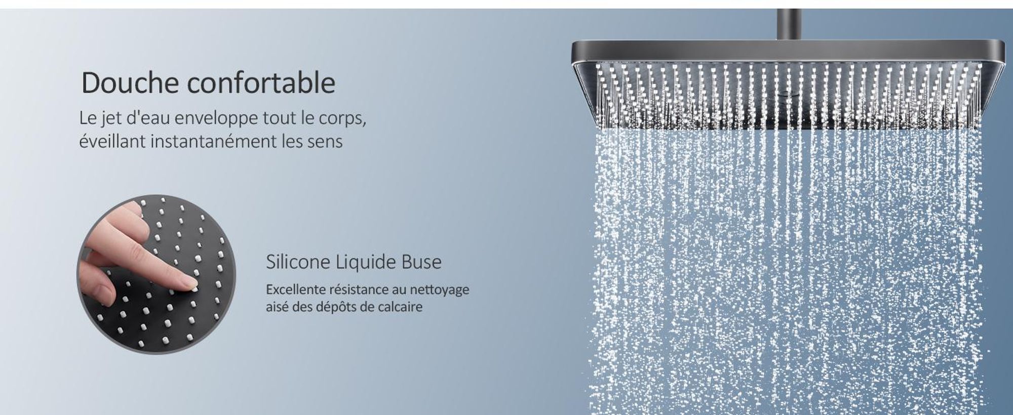 EMKE Système de douche avec thermostat 1146x450x480mm tablette en verre douchette à main avec 3 types de jets douche de pluie, robinetterie de salle de bains & douche, KTW, anthracite mat F10