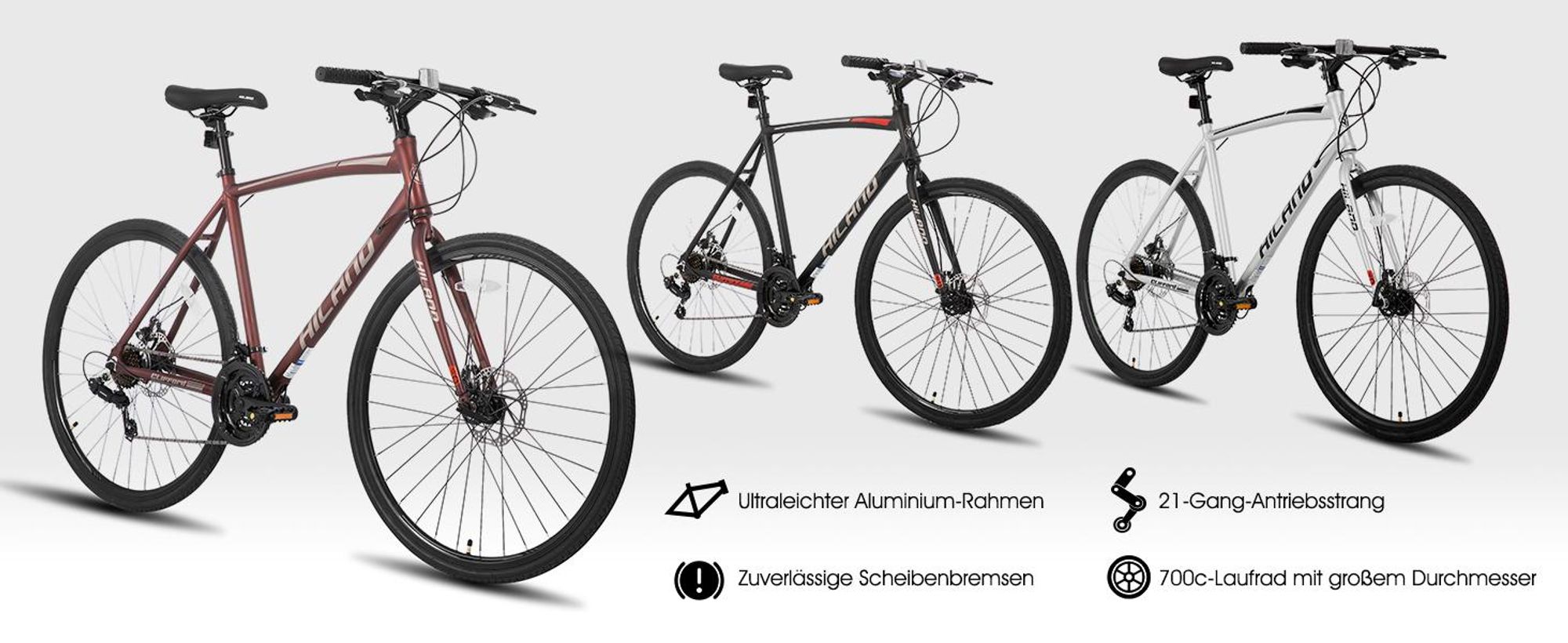Hiland 28 Zoll Rennrad 700C Trekkingrad Aluminiumrahmen mit 21 Gang-Schaltung Scheibenbremse Racing Bike für Damen und Herren, Silbrig